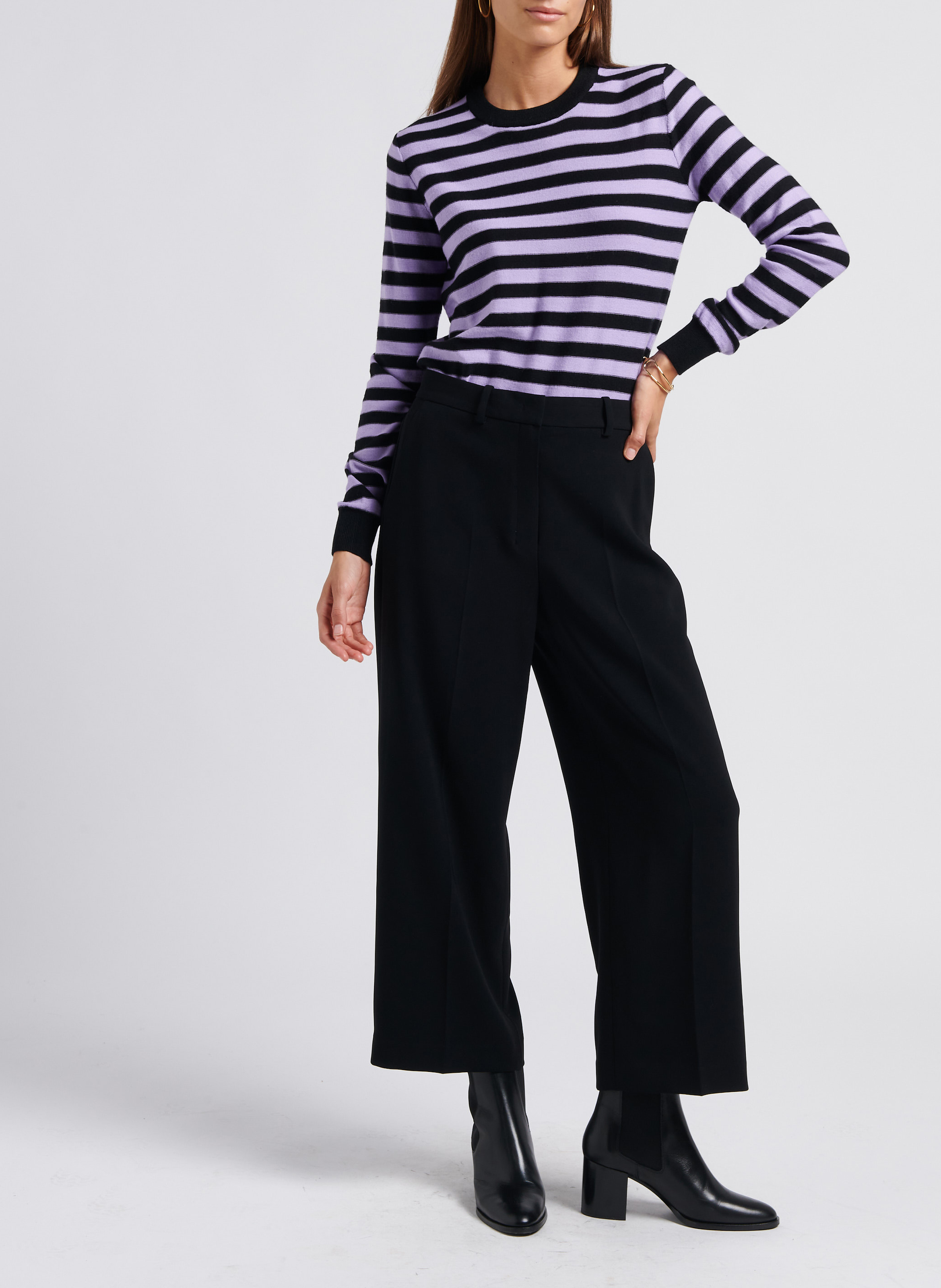 Pull col rond rayé en laine SONIA RYKIEL Noir