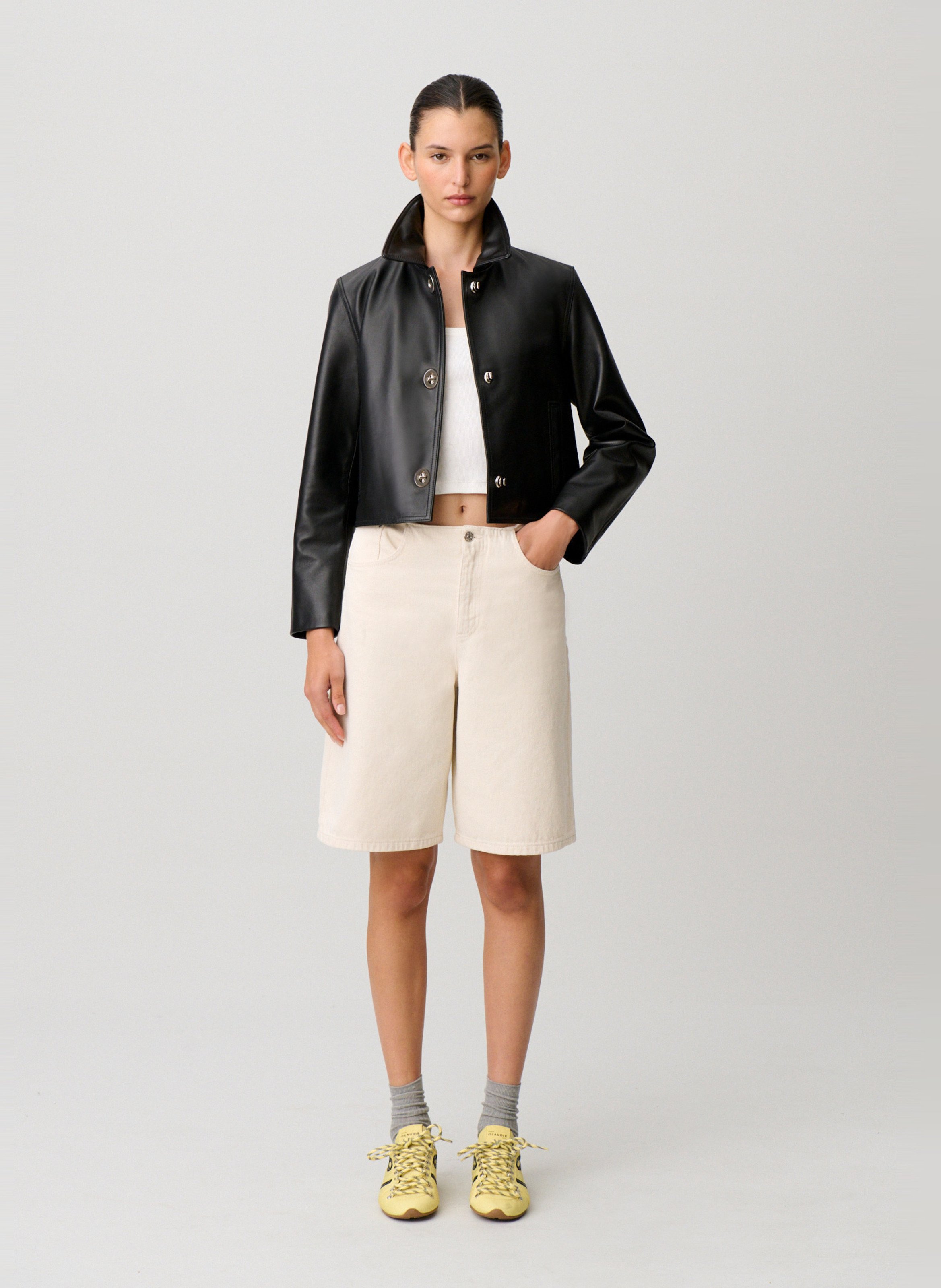 Veste droite col classique en cuir CLAUDIE PIERLOT Noir