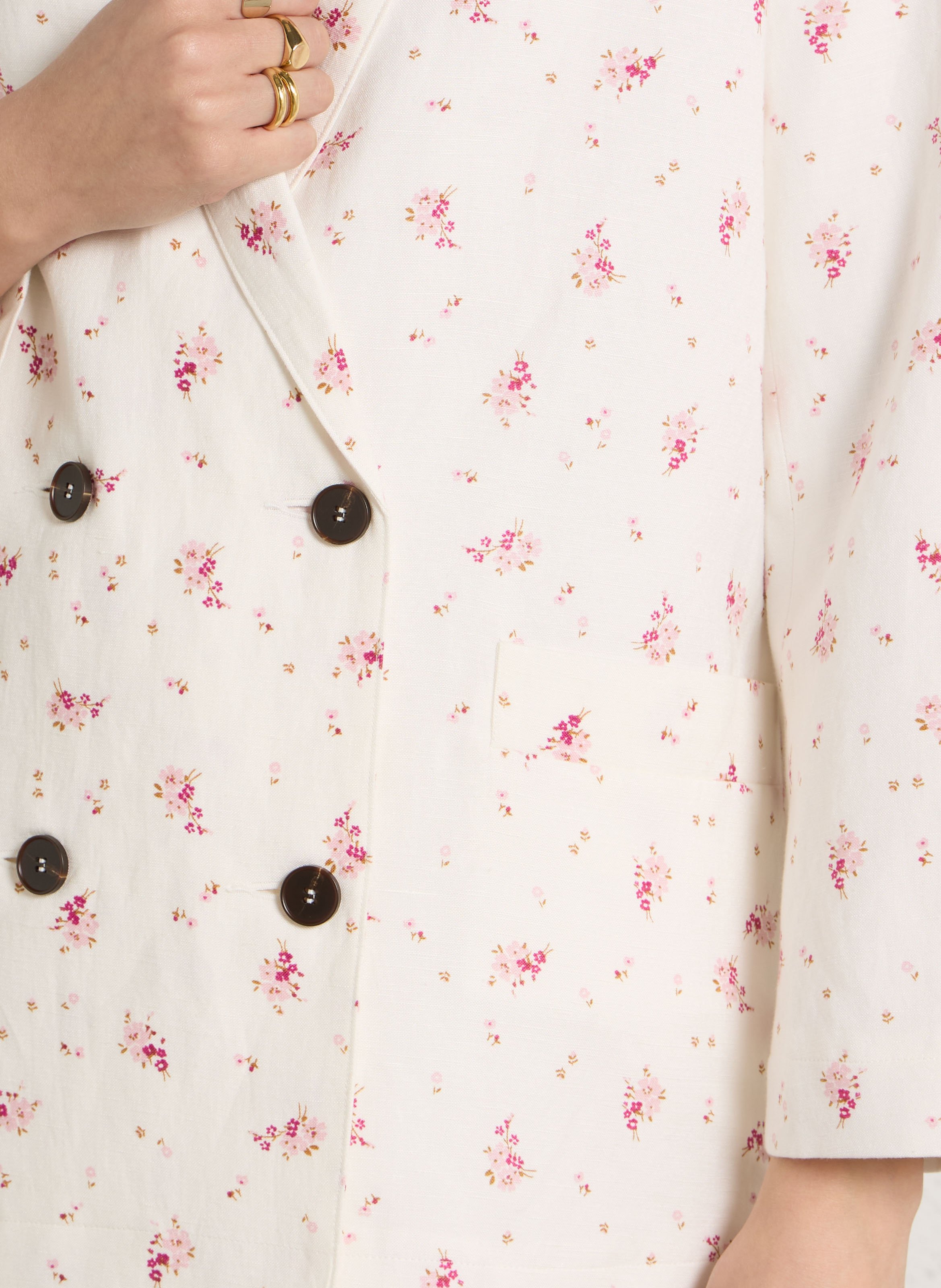 Rechte jas met reverskraag en bloemenprint in linnenmix DES PETITS HAUTS Wit