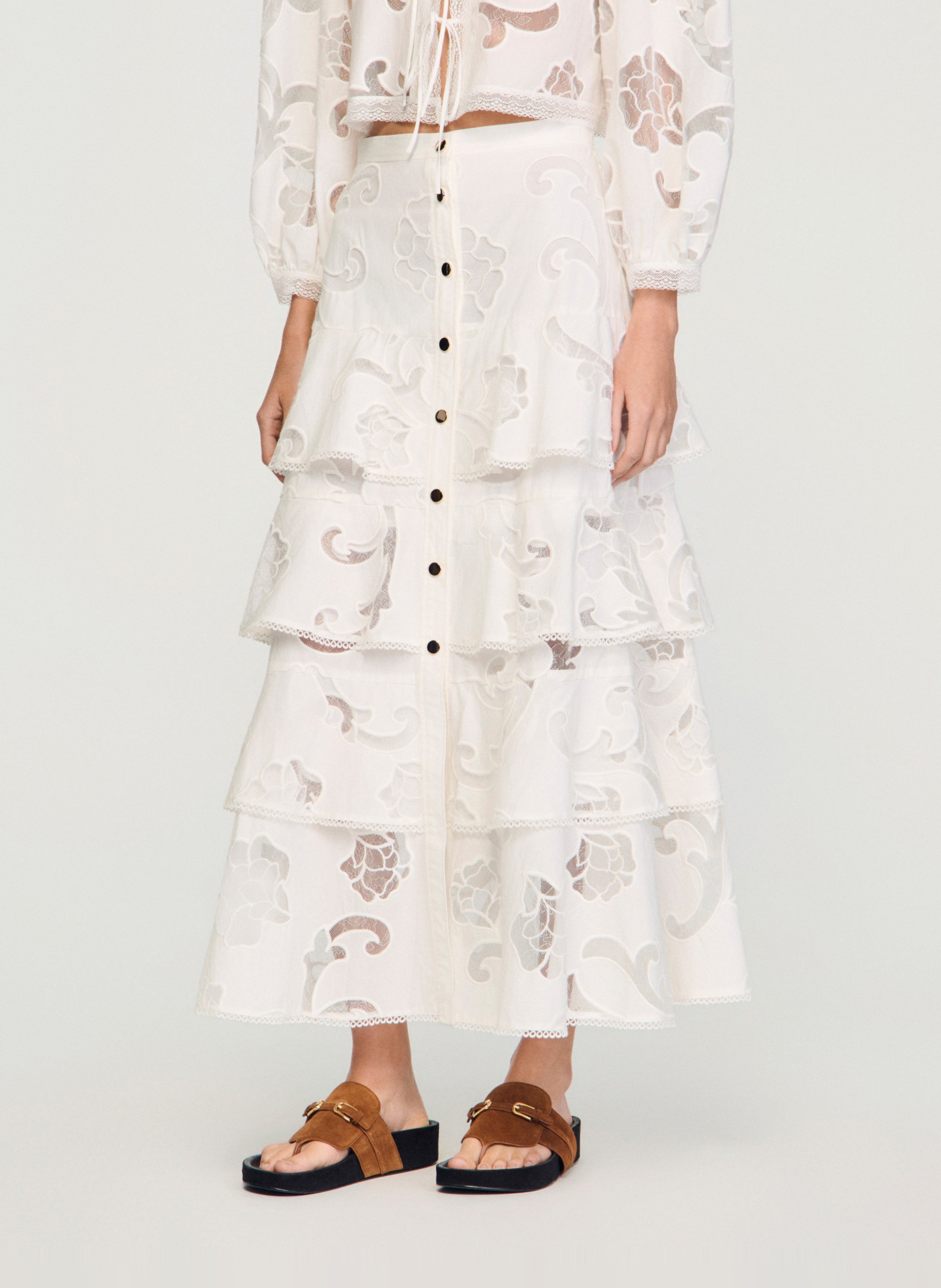 Jupe longue en coton mélangé ajouré SANDRO Beige