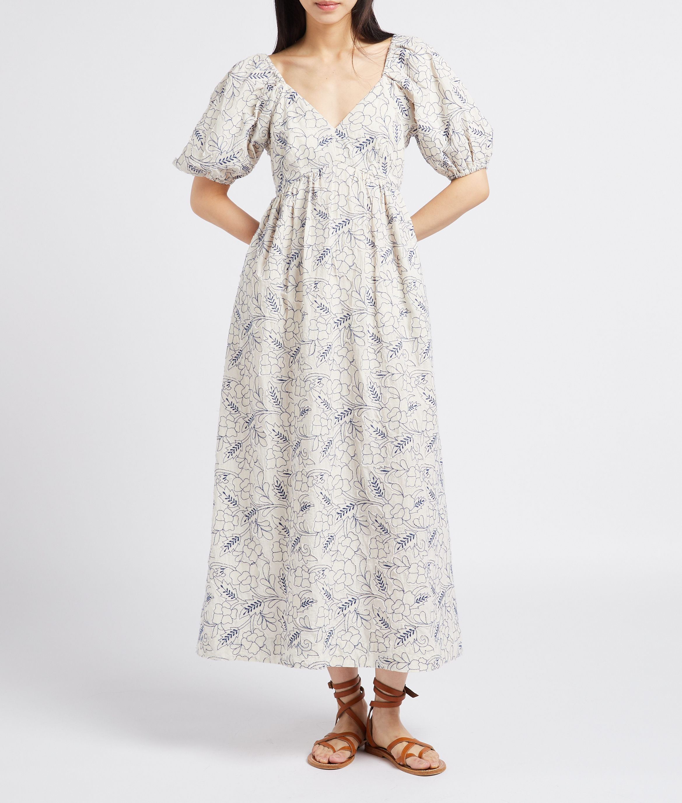 Lange, katoenen jurk met V-hals en borduursel PAUL AND JOE Wit