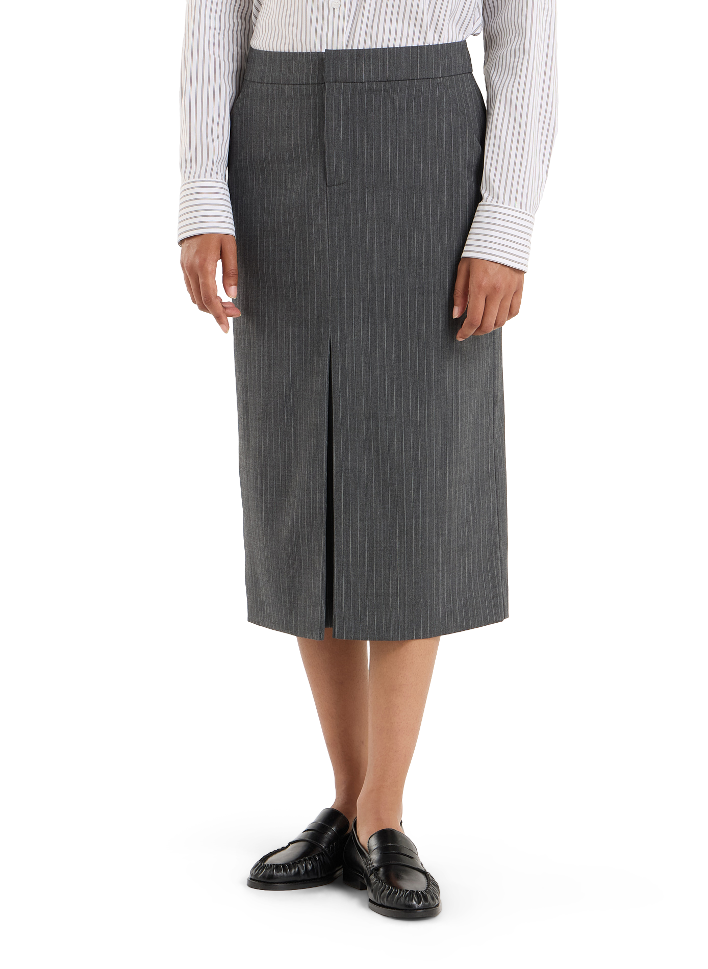Striped Balinese midi tailored skirt. SAISON 1865 Grey