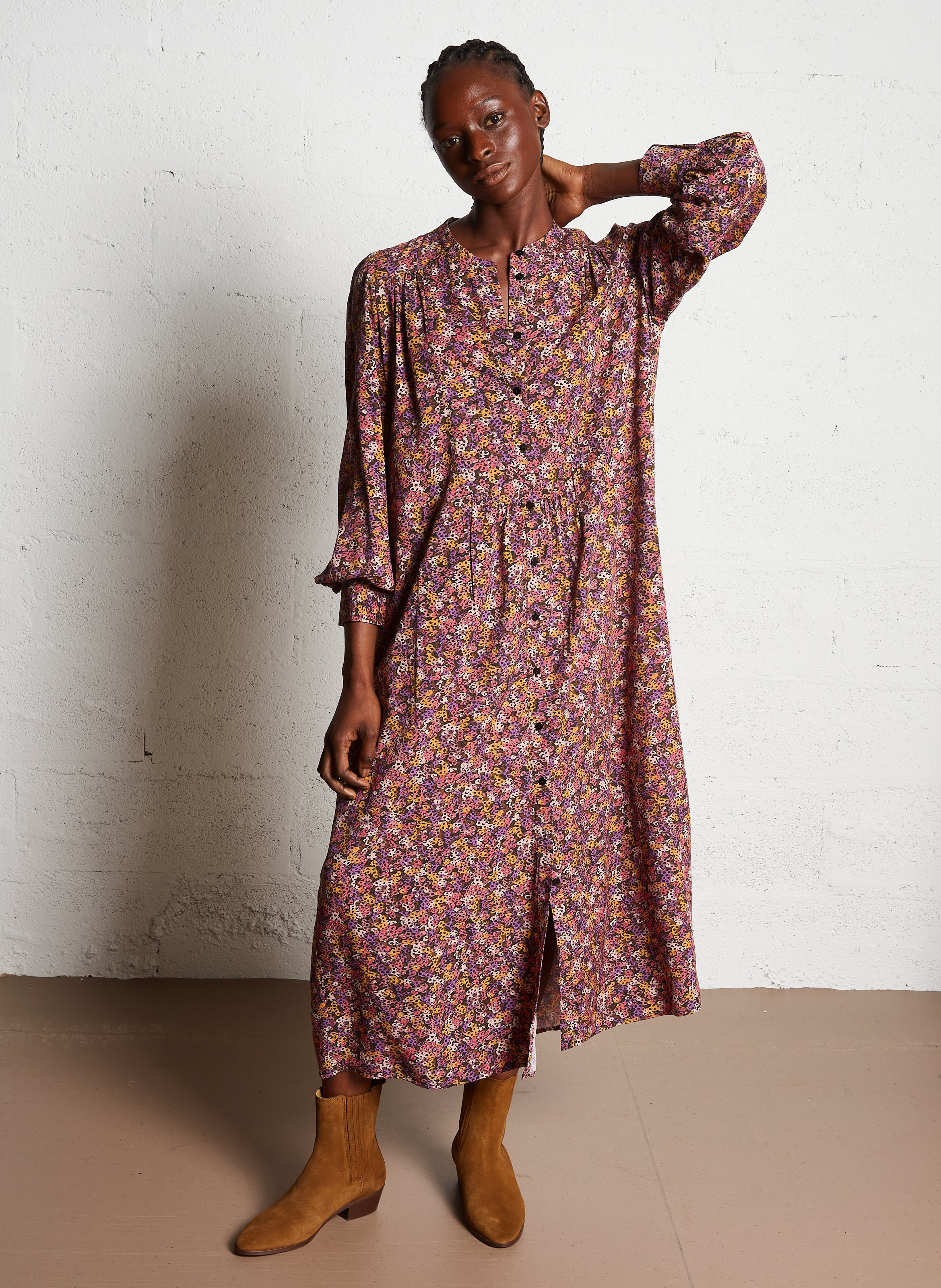 Long Dress With Round Neck And Floral Print Autumn Des Petits Hauts Women 1H240451 IM929 AUTUMN Place des Tendances