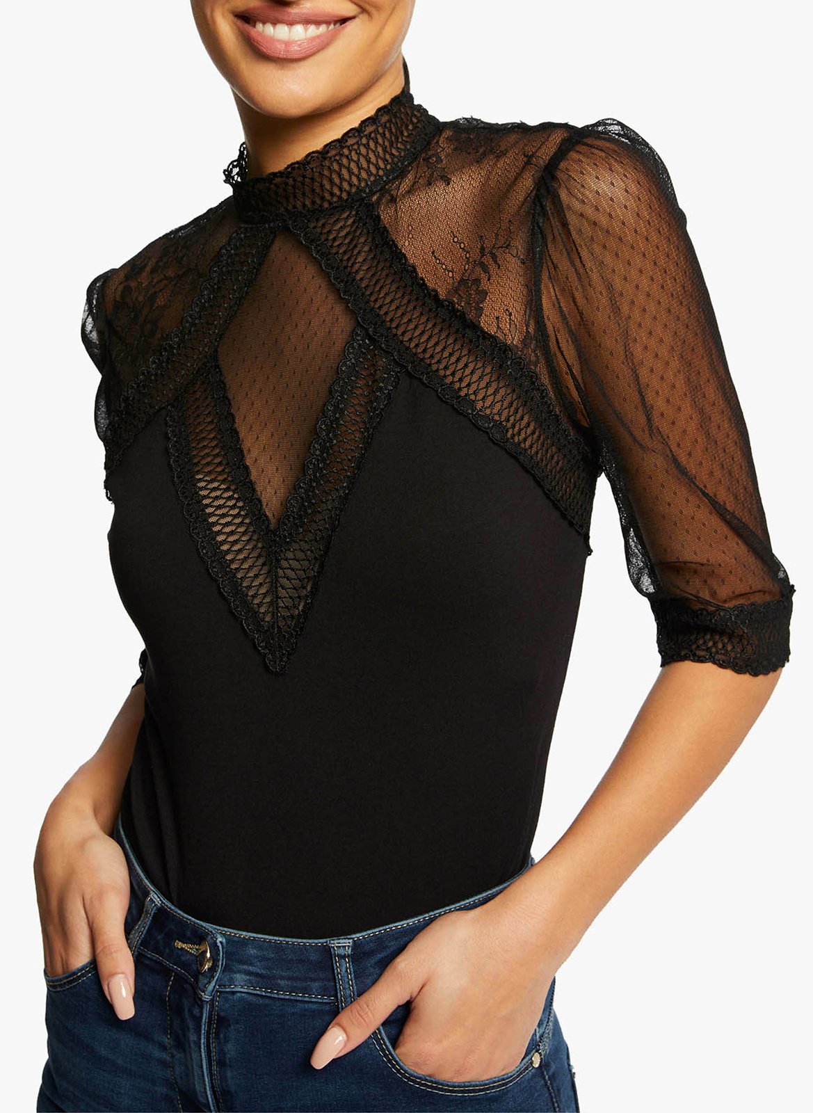 High-neck lace bodysuit MORGAN Black