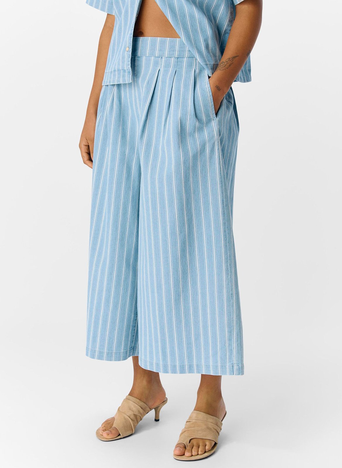 Wide Leg Striped Denim Pants OBJECT Blue