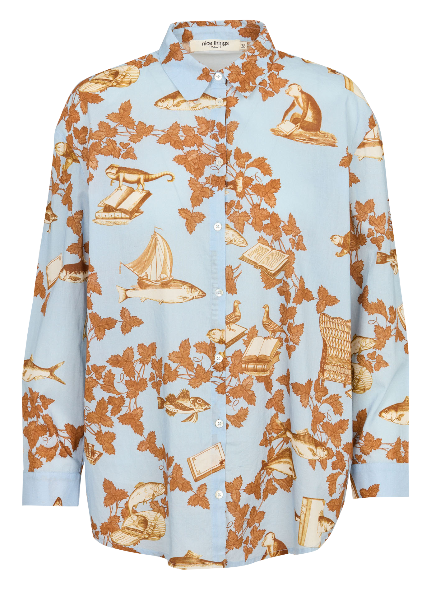 Oversized, katoenen blouse met klassieke kraag en print NICE THINGS Blauw