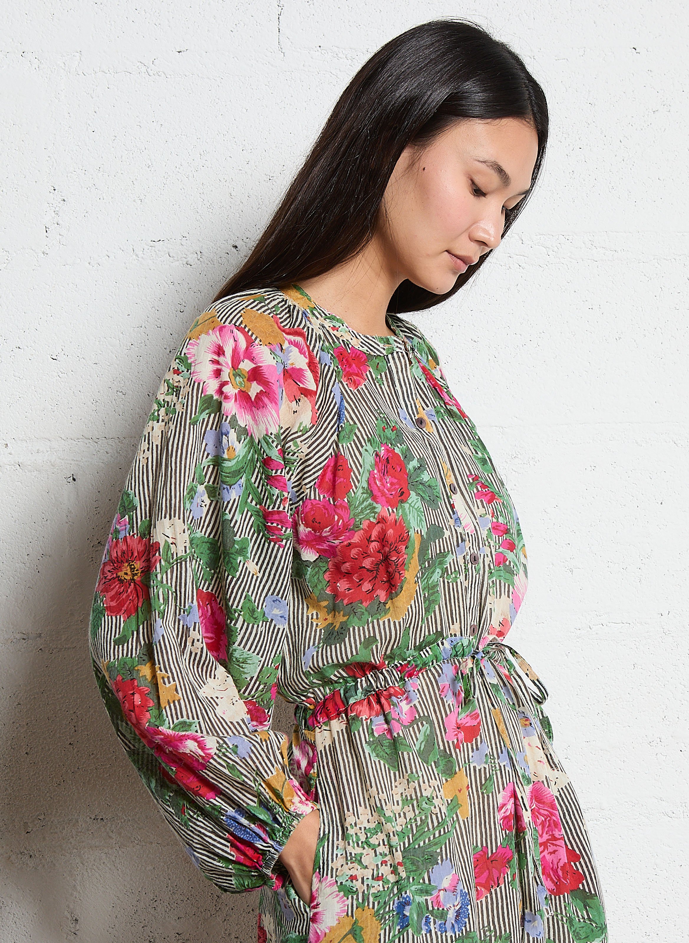 Lange, katoenen jurk met ronde hals en print MAISON HOTEL Zwart