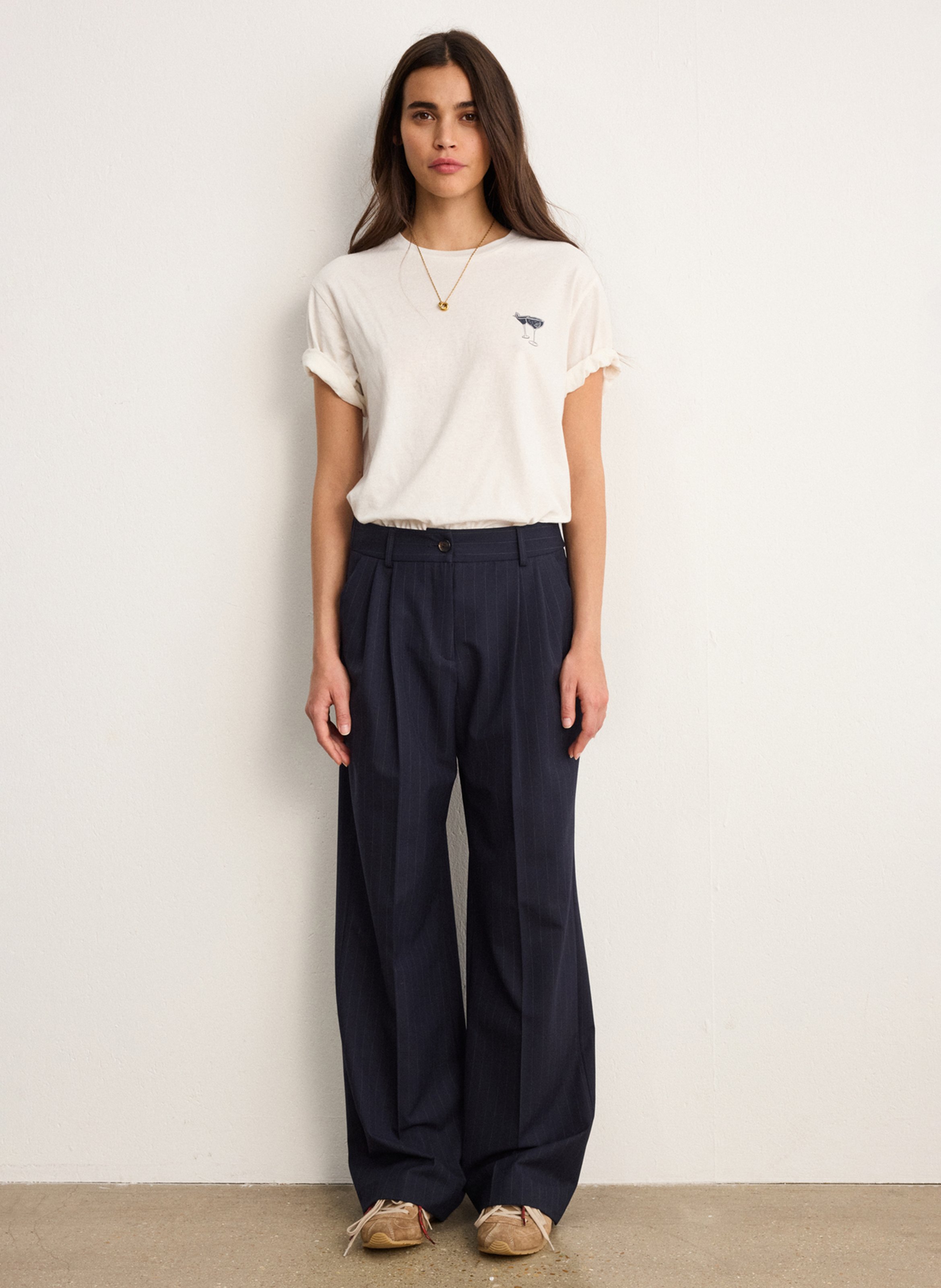 Rechte, gestreepte broek met hoge taille PABLO Blauw