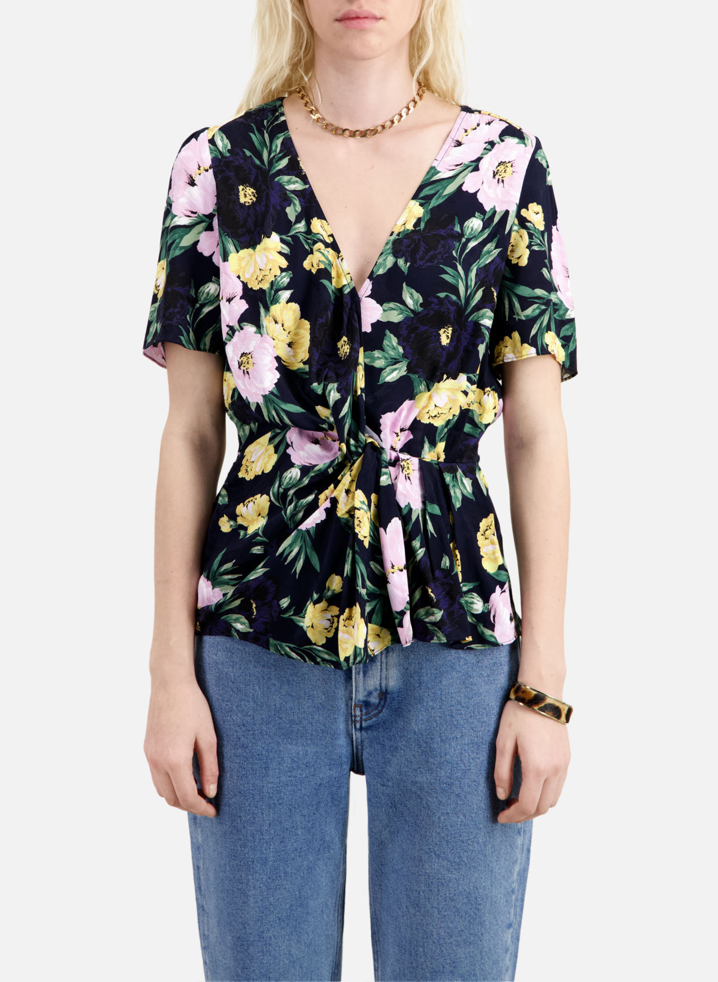Draped V-neck floral jacquard top THE KOOPLES Multicolored