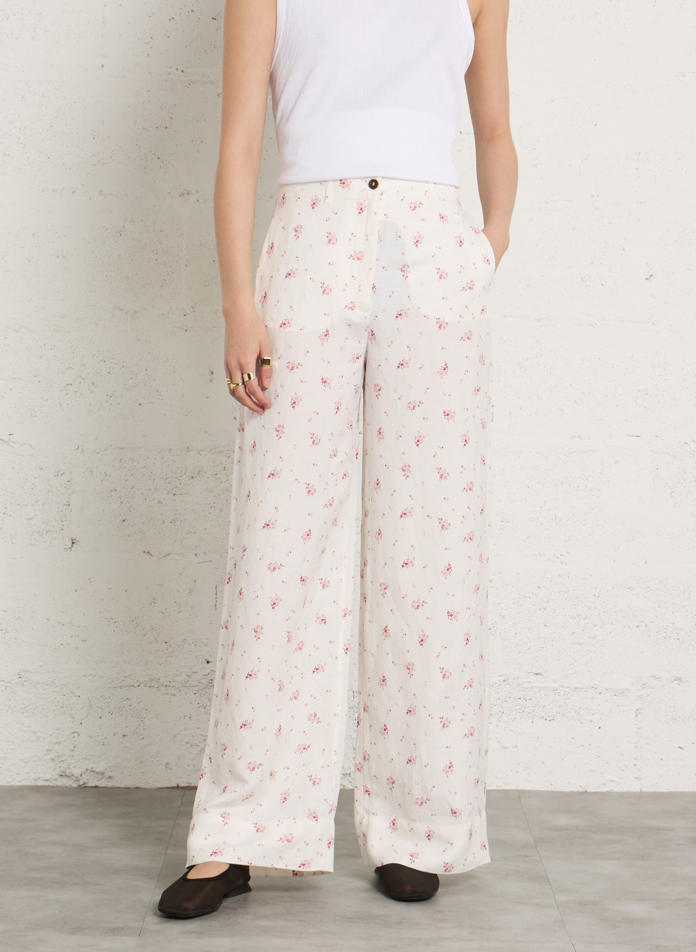 Pantalon large imprimé en lin mélangé DES PETITS HAUTS Blanc