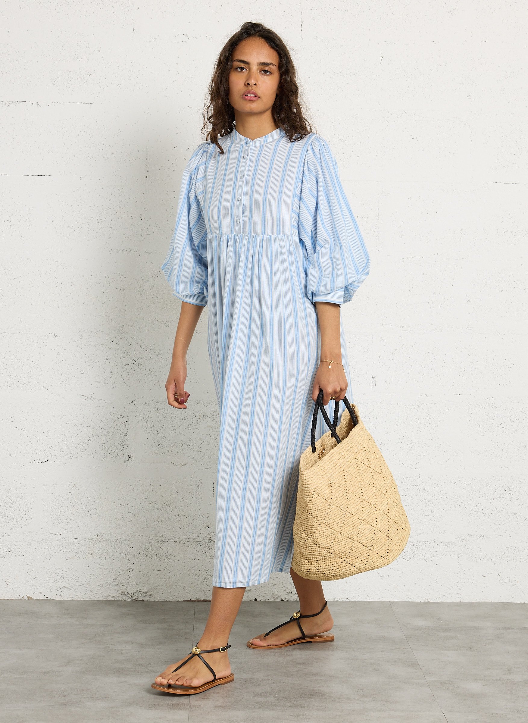 Robe longue col rond en coton rayé PETITE MENDIGOTE Bleu