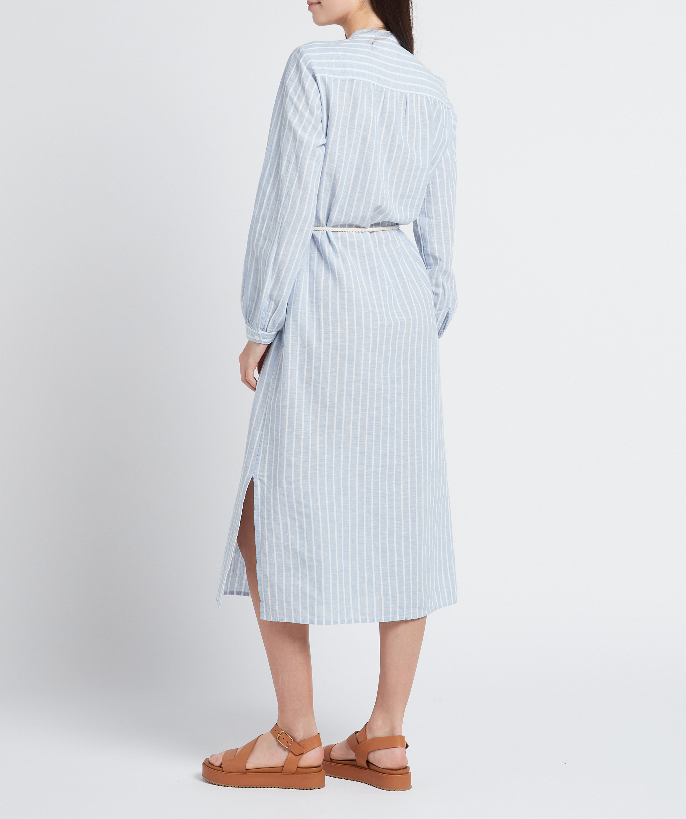 Long buttoned striped cotton and linen dress HARTFORD Blue