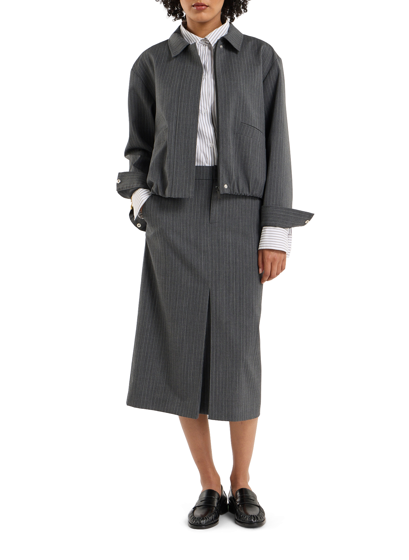 Striped Balinese midi tailored skirt. SAISON 1865 Grey