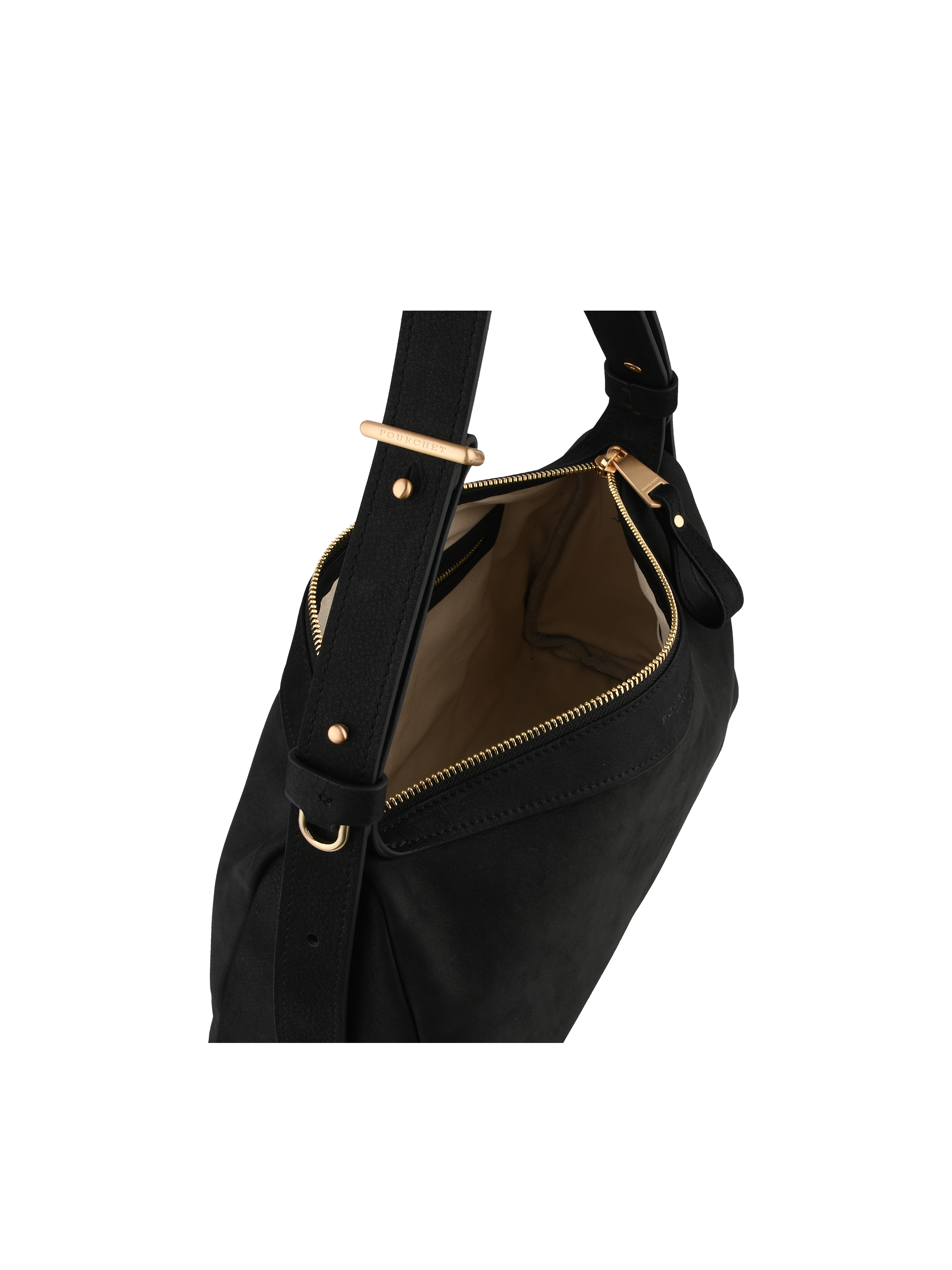 Sac porté épaule en cuir de vachette façon nubuck POURCHET Noir