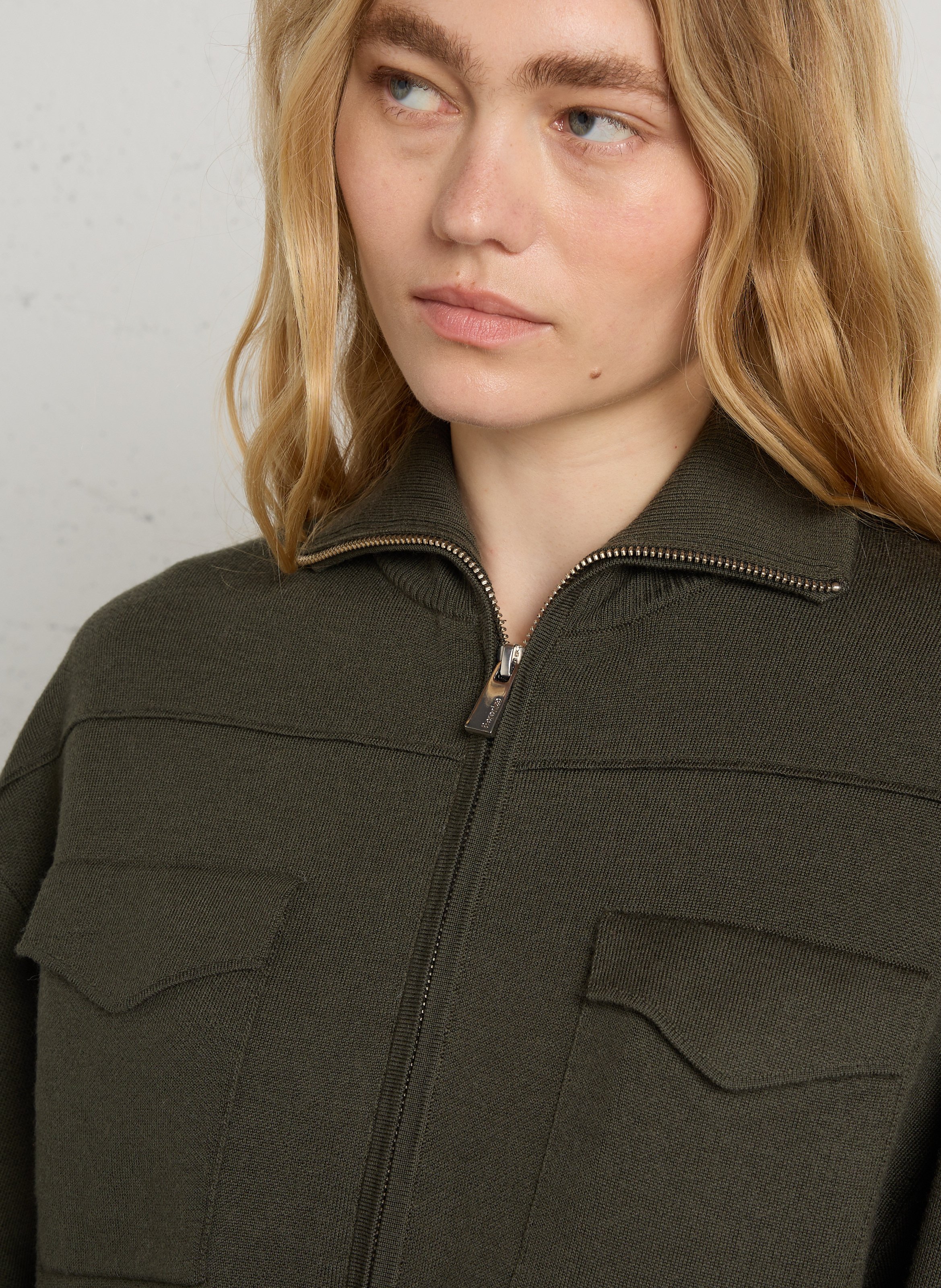 Straight zip-up wool cardigan BERENICE Khaki
