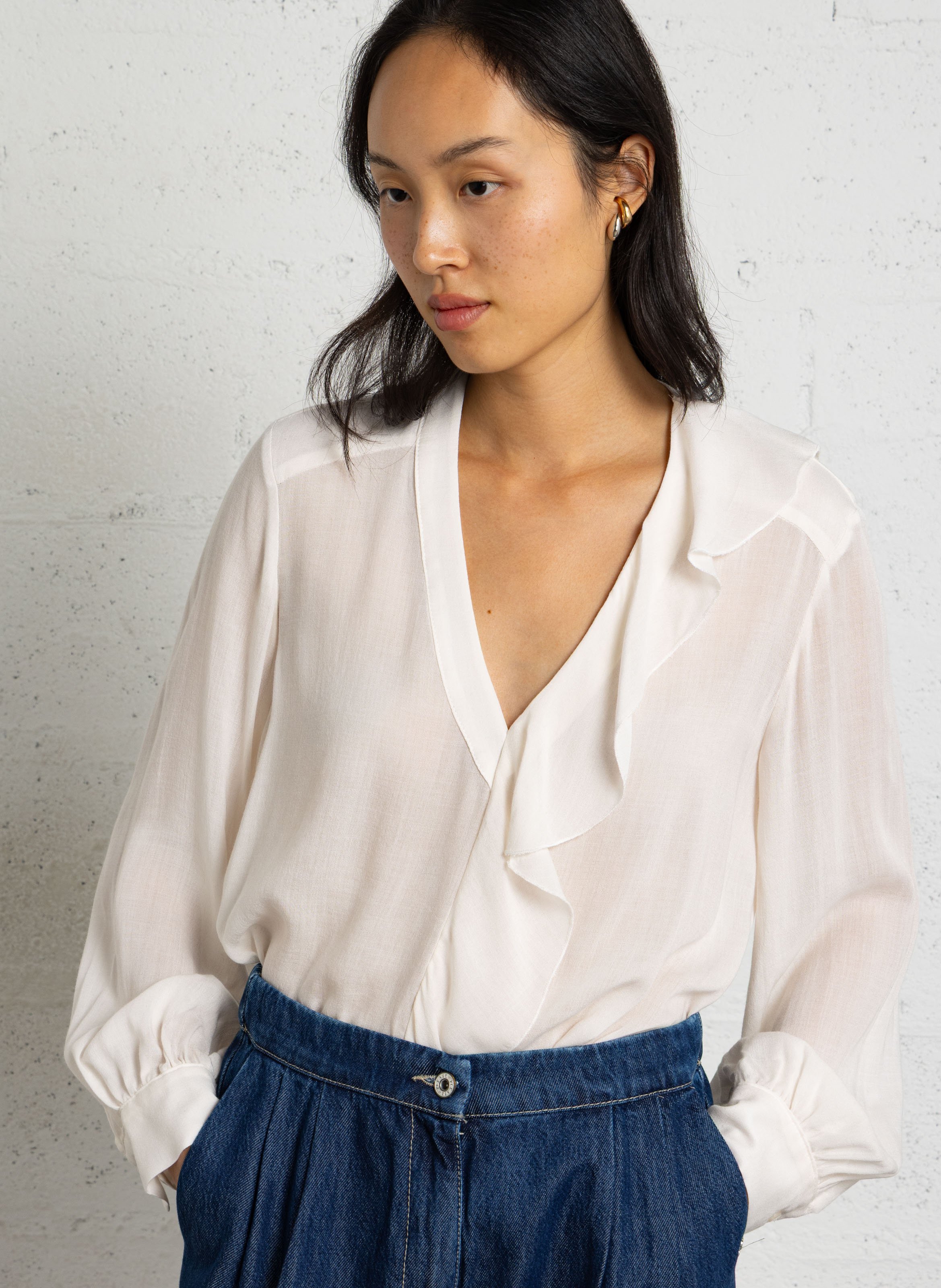 V-neck ruffled solid blouse PLEASE Beige