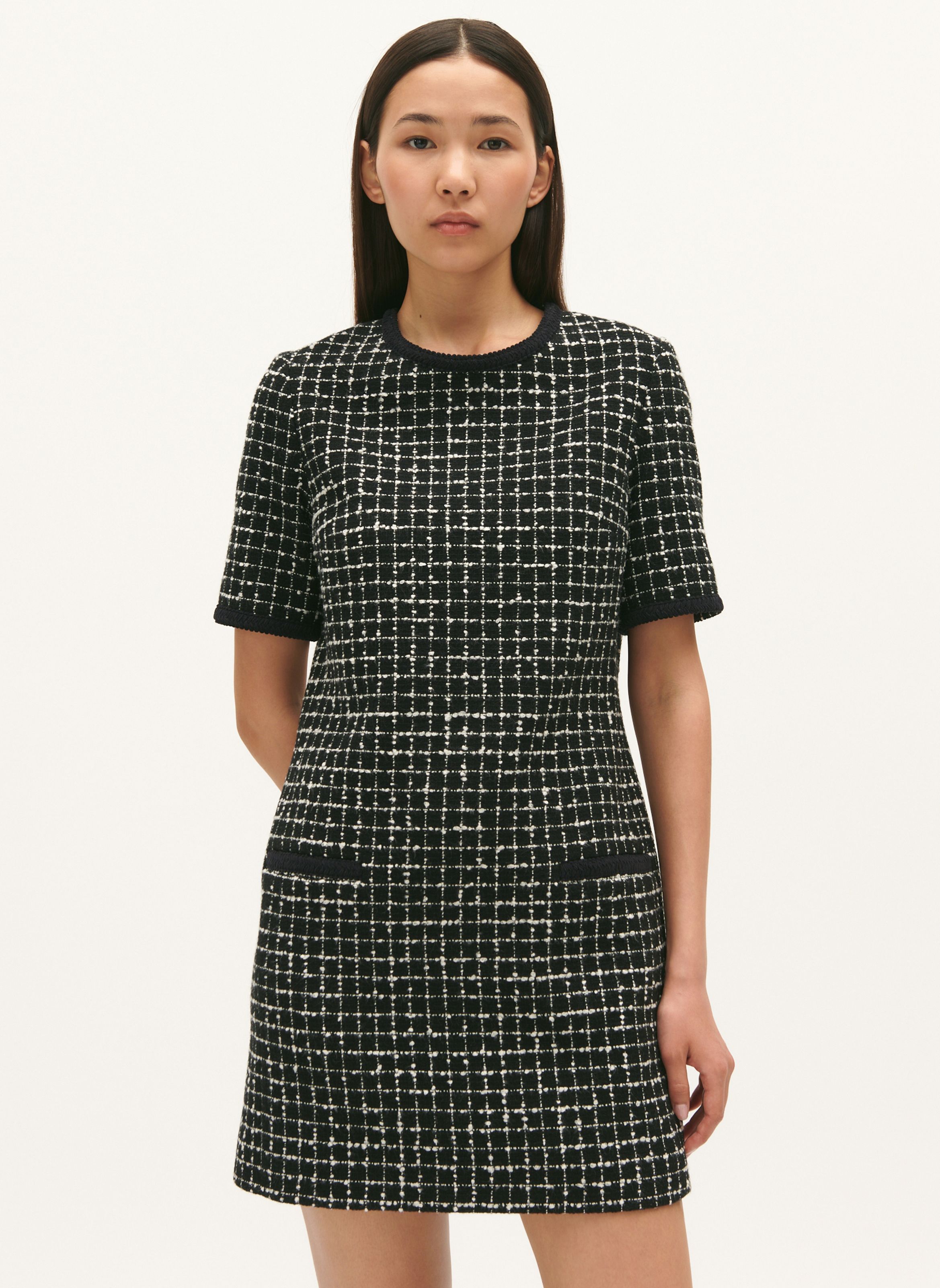 Multicolored Short round neck straight tweed dress