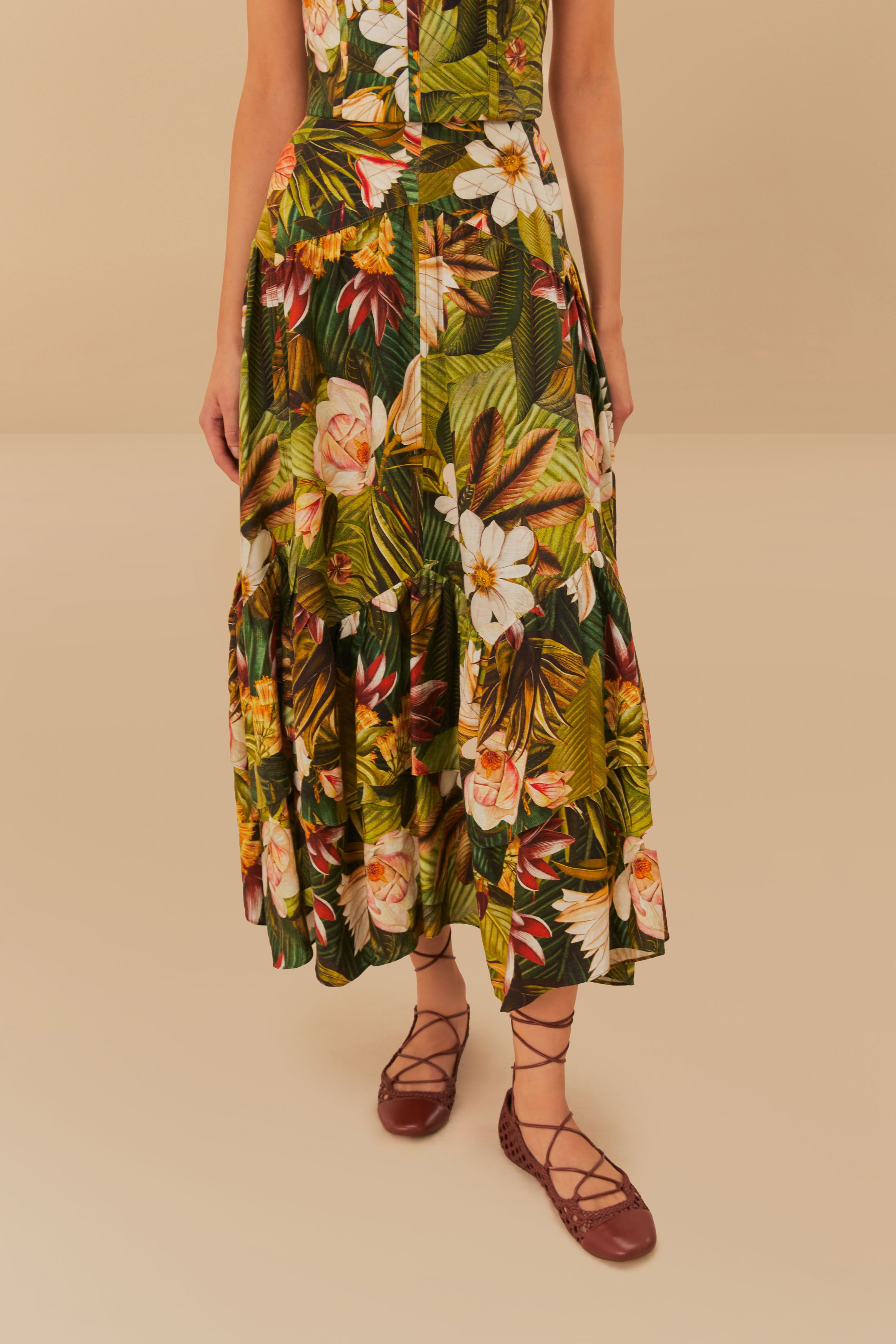 Jupe midi à imprimé végétal en lin mélangé  FARM RIO Multicolore