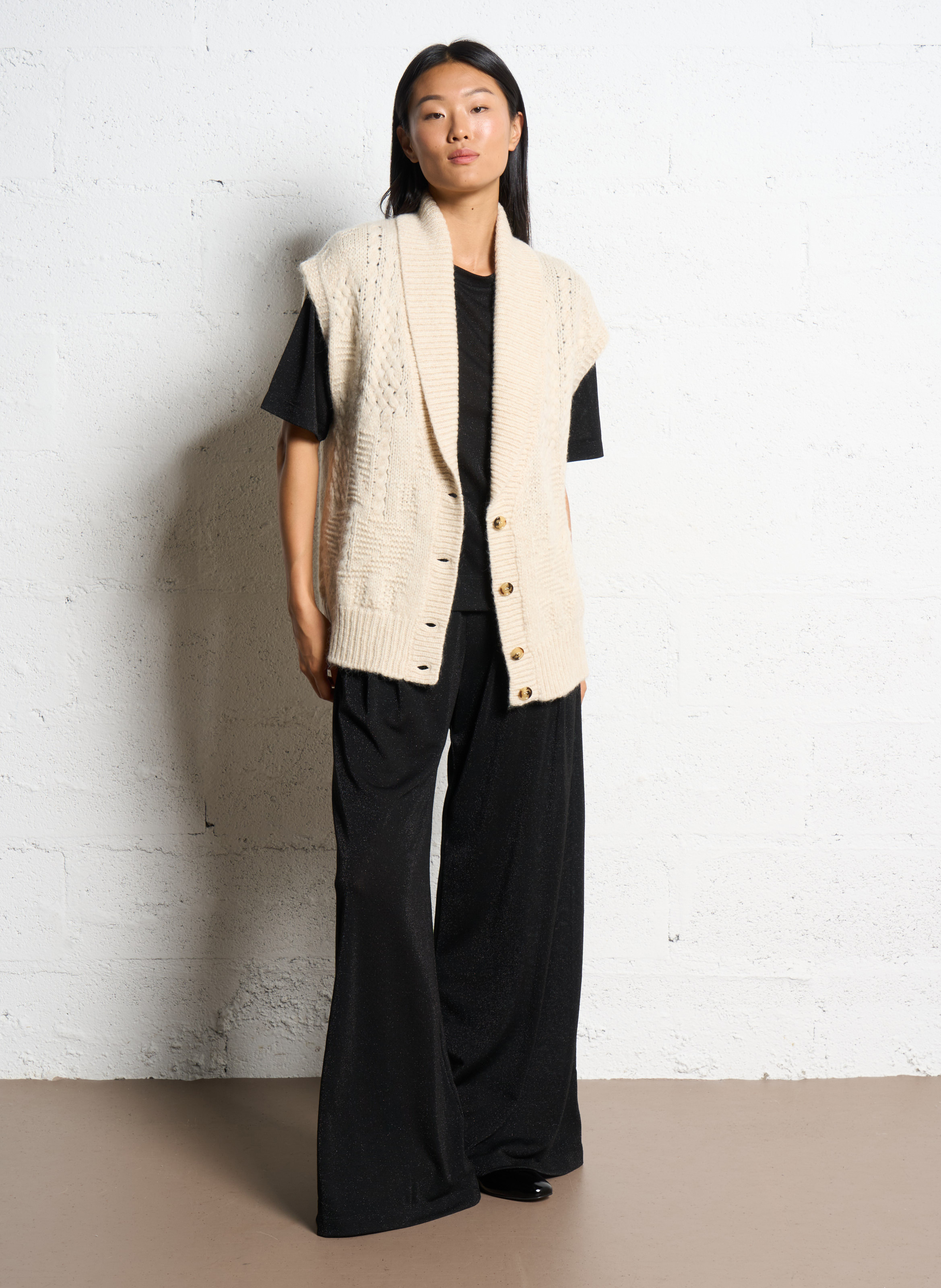 Braided wool blend shawl collar vest MOMONI Beige