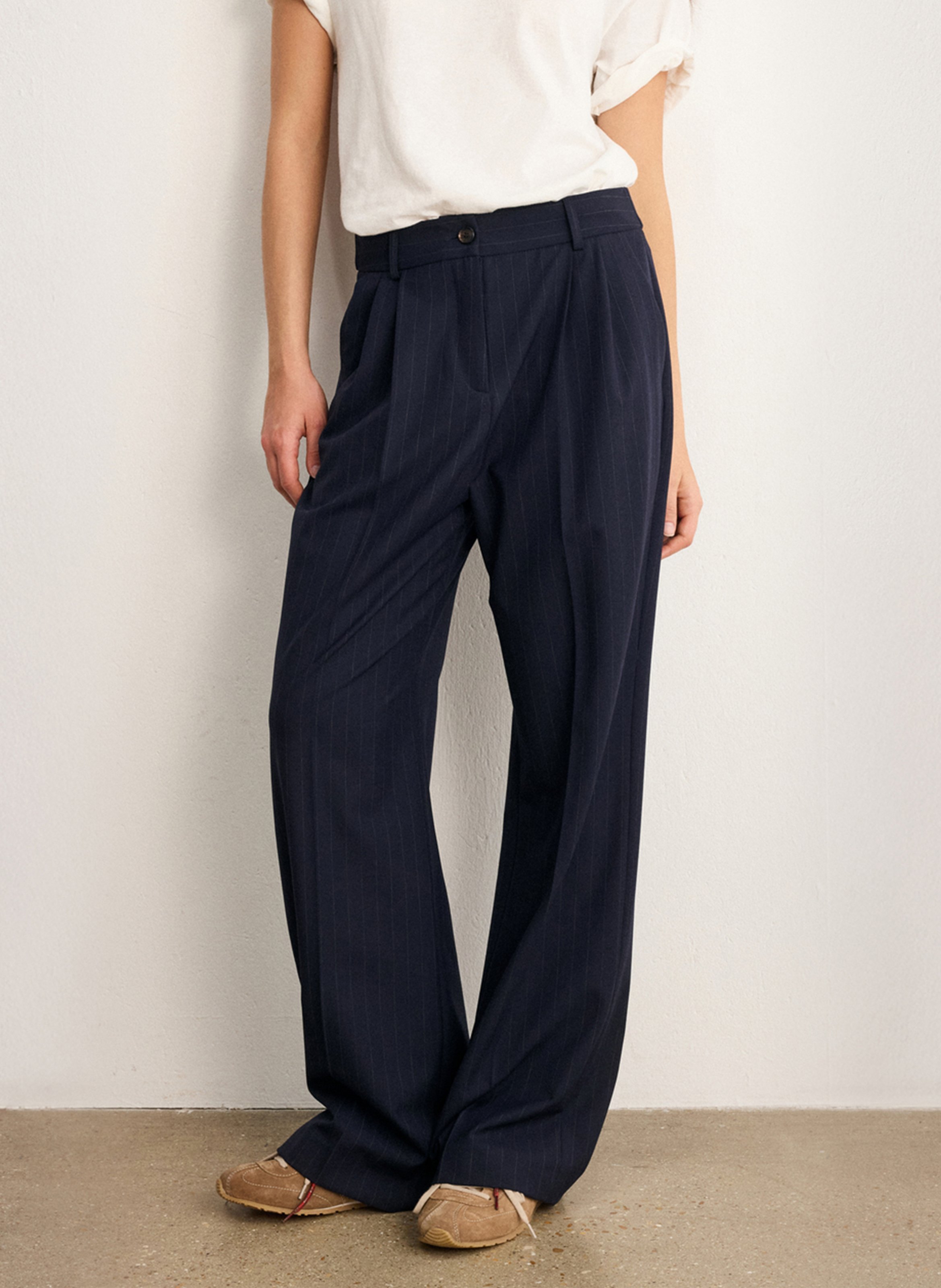 Rechte, gestreepte broek met hoge taille PABLO Blauw