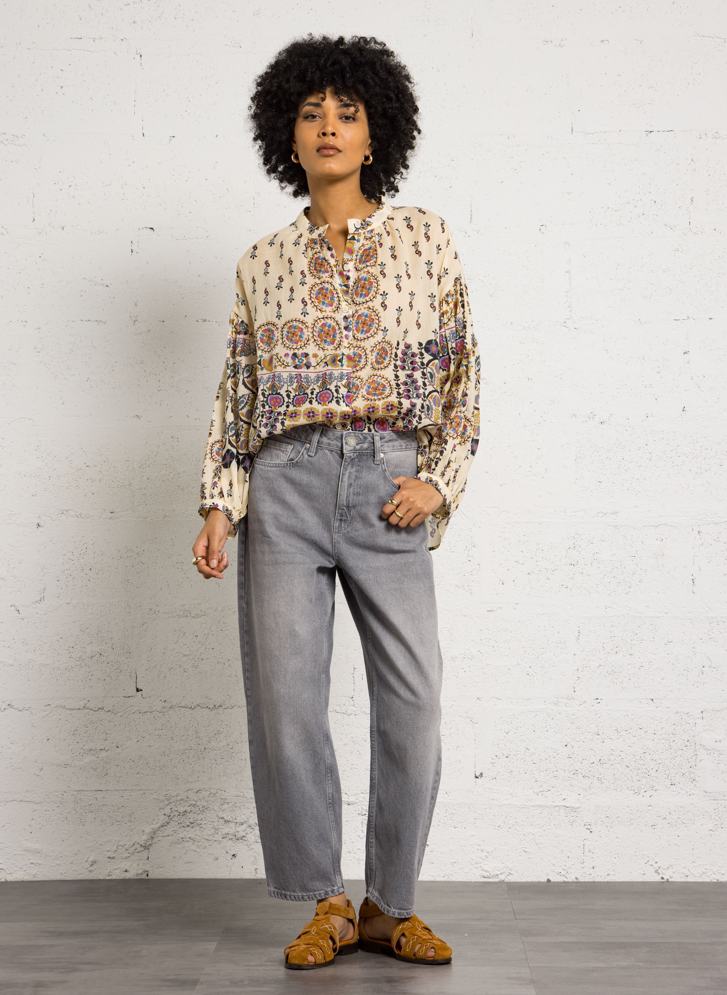 Chemisier col rond imprimé en lin SEE U SOON Blanc