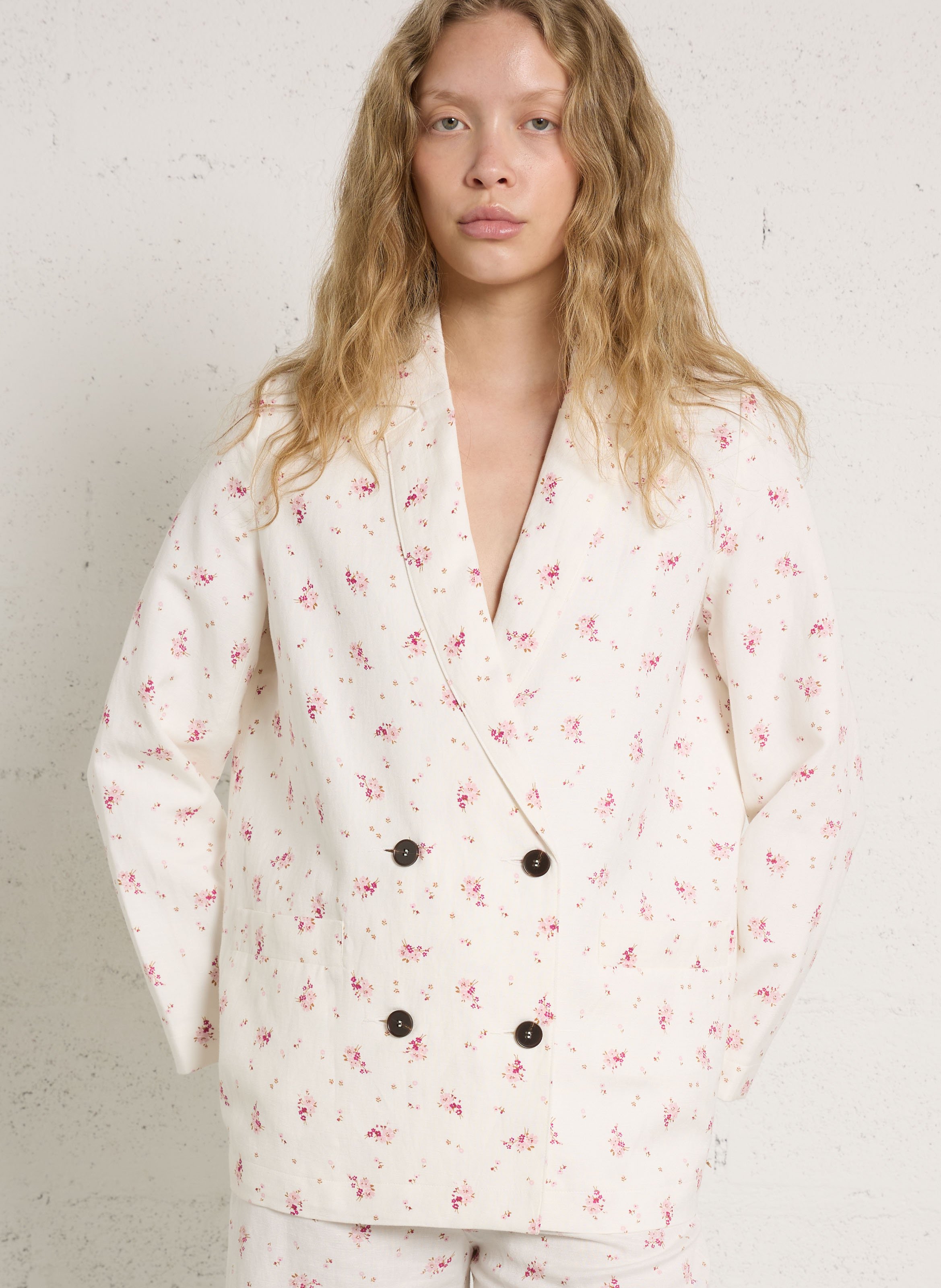 Rechte jas met reverskraag en bloemenprint in linnenmix DES PETITS HAUTS Wit