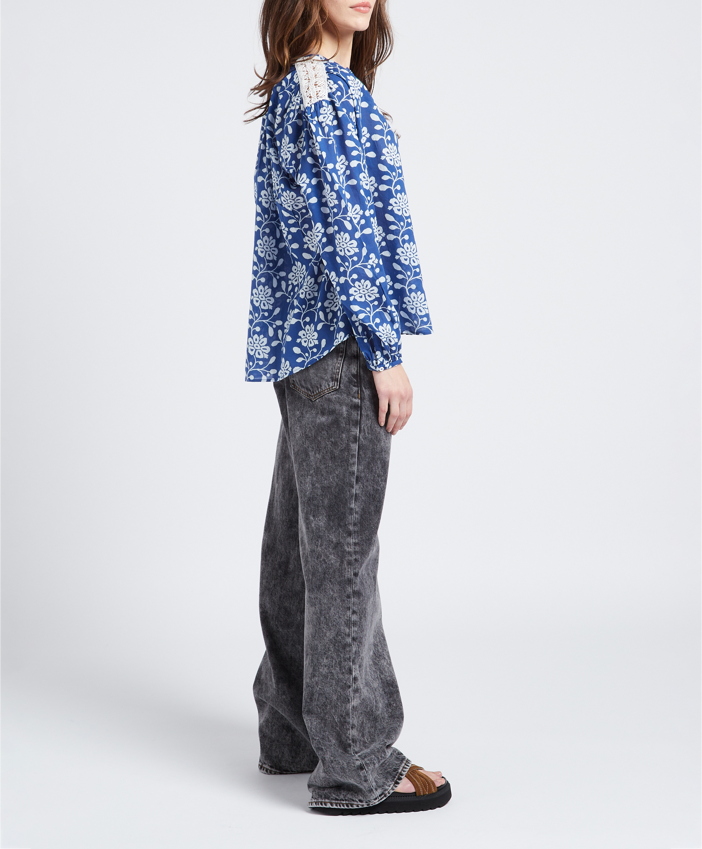 Chemise droite col rond en coton imprimé SWILDENS Bleu