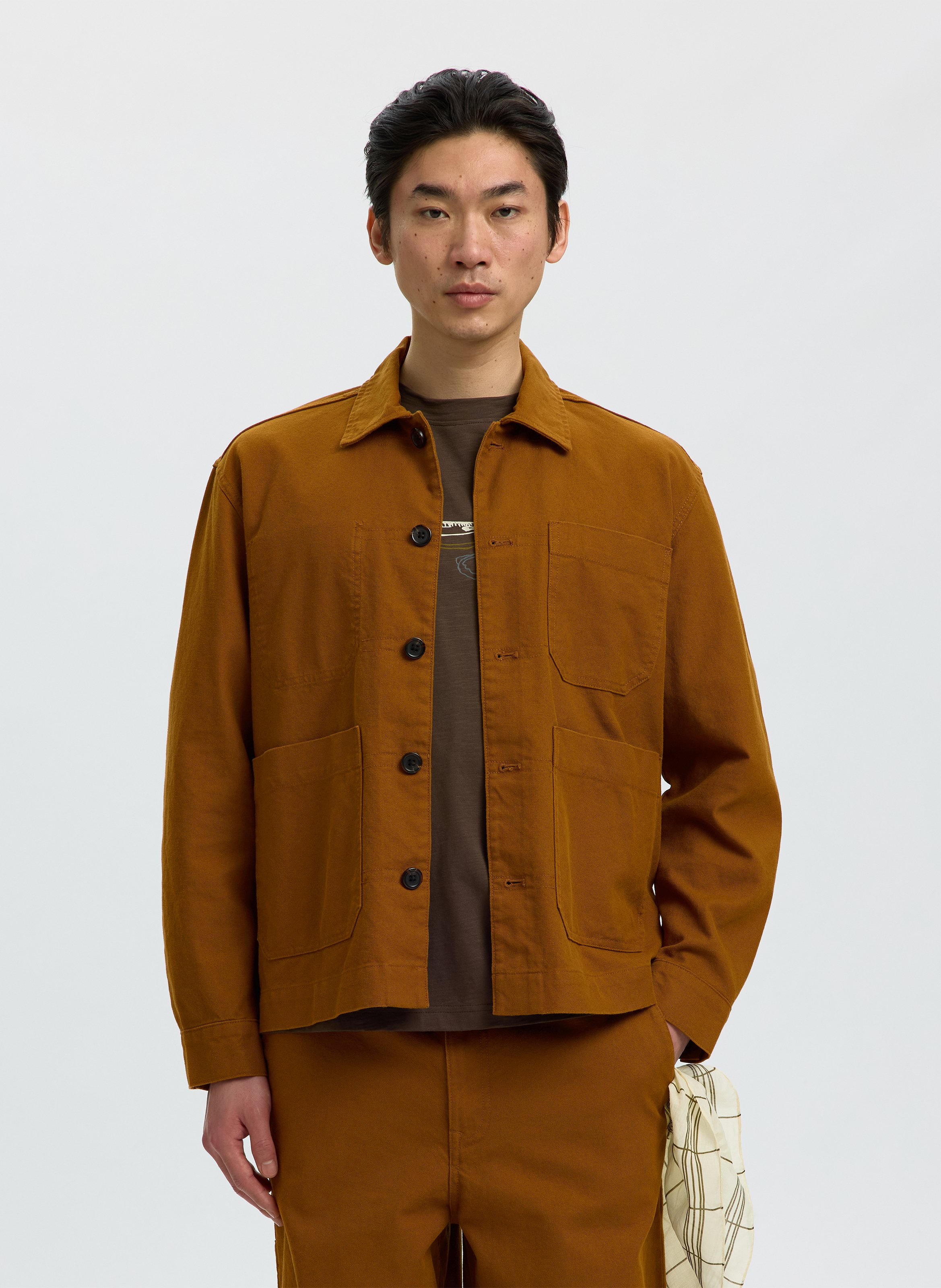 Veste droite en coton et en lin SELECTED Marron