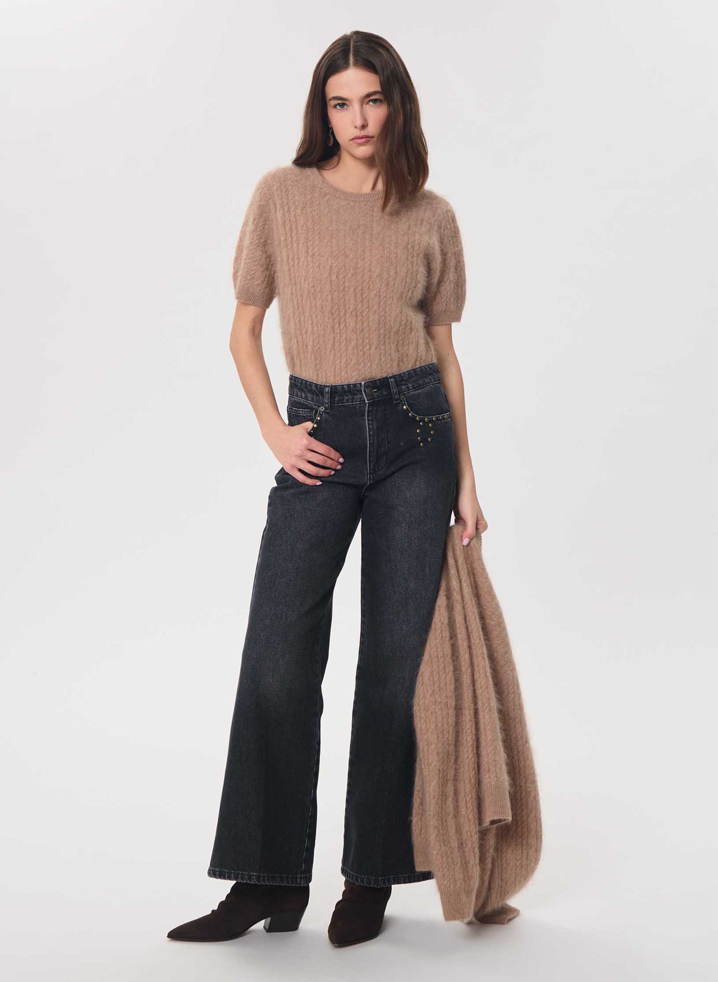 Straight wool short-sleeve sweater TARA JARMON Brown