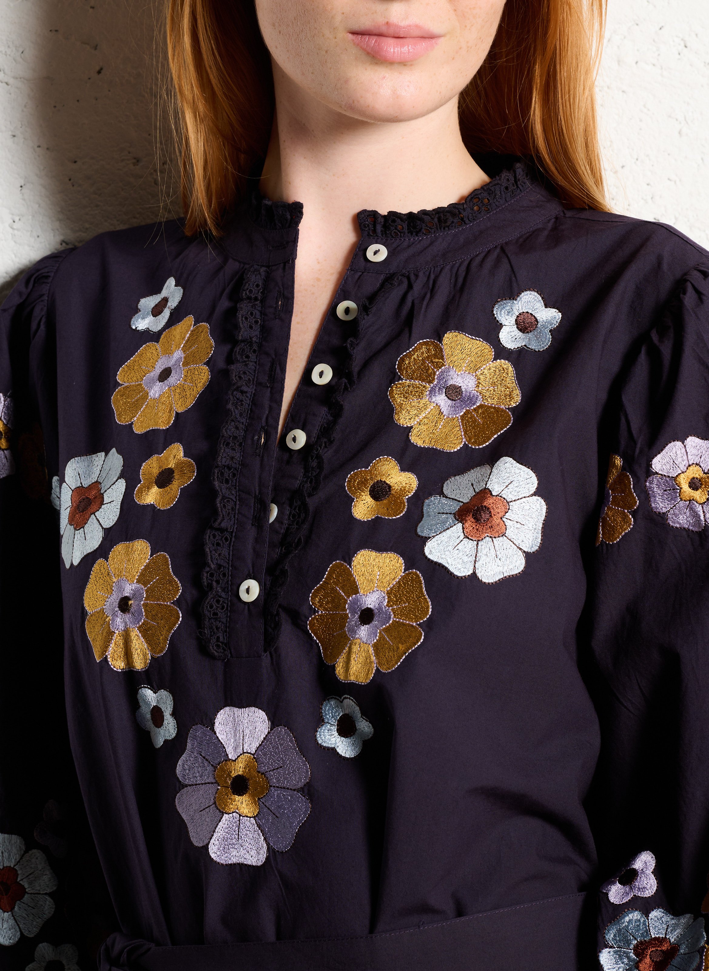 Robe longue col rond brodée en coton ANTIK BATIK Bleu