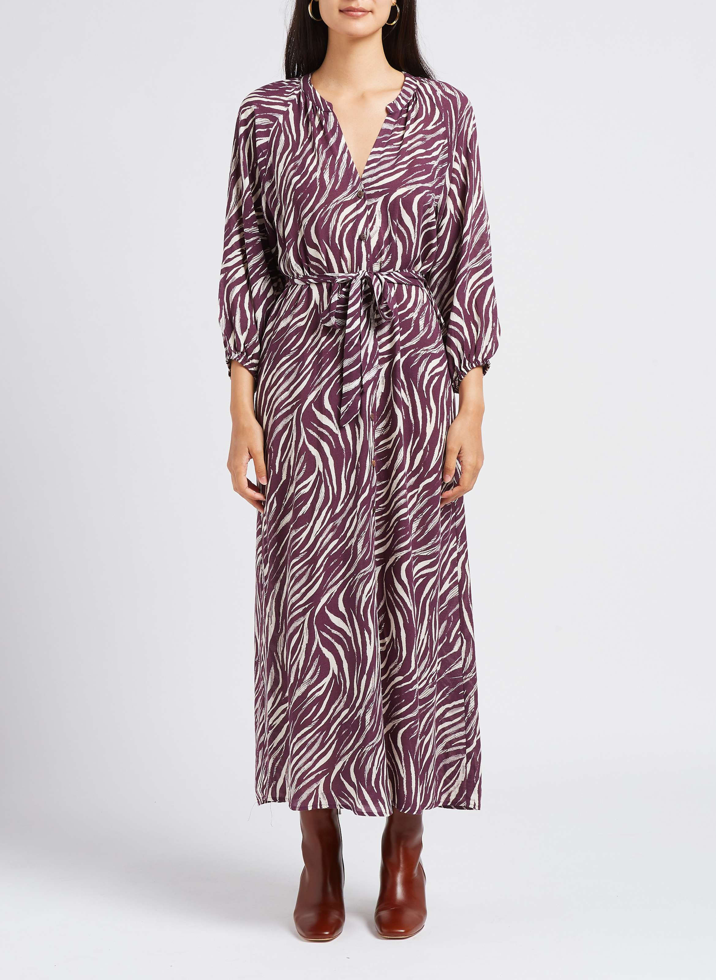 Robe longue coupe droite à col v GRACE ET MILA Rose