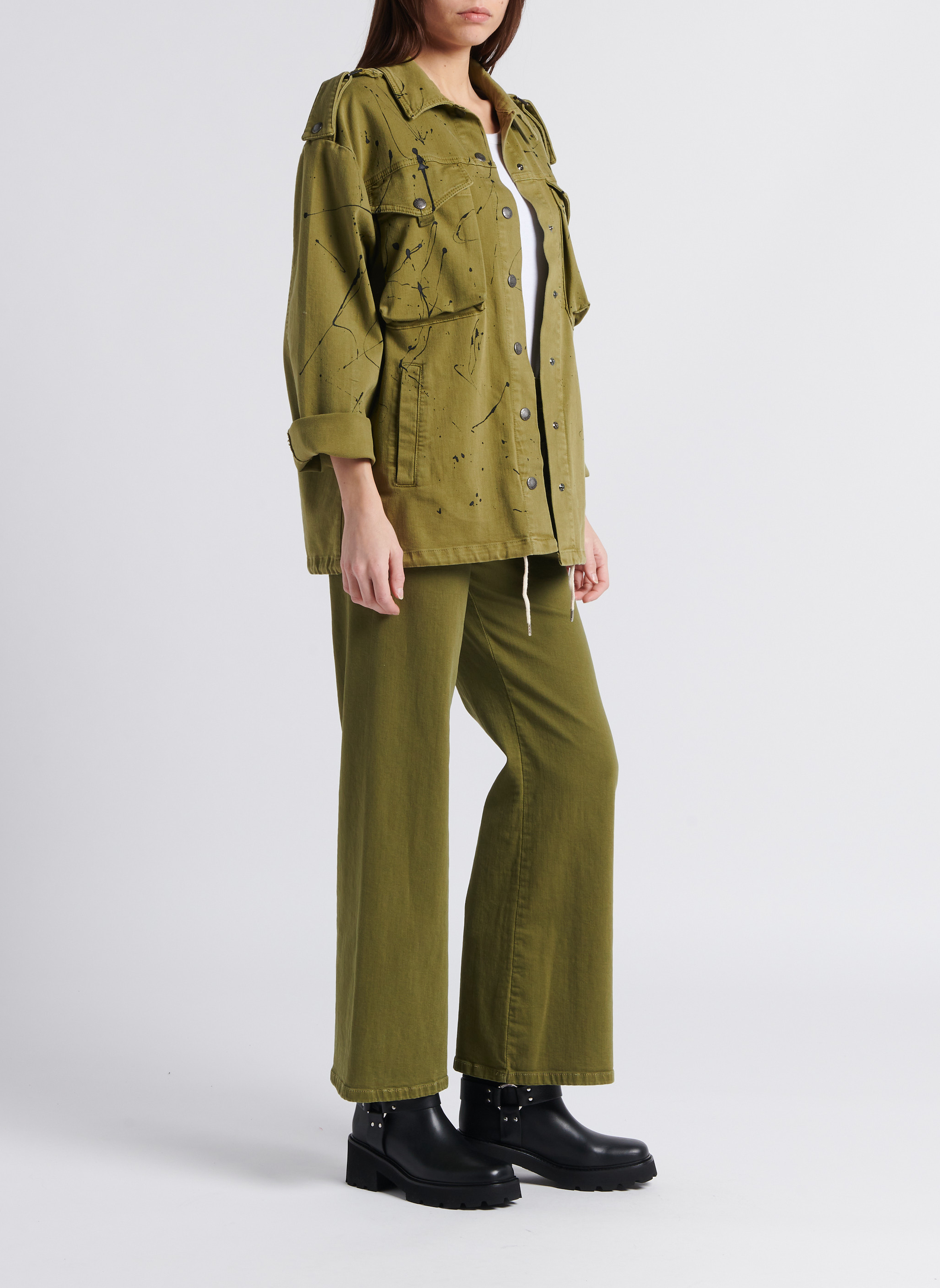 Veste droite col classique à imprimé tâches de peinture PLEASE Kaki