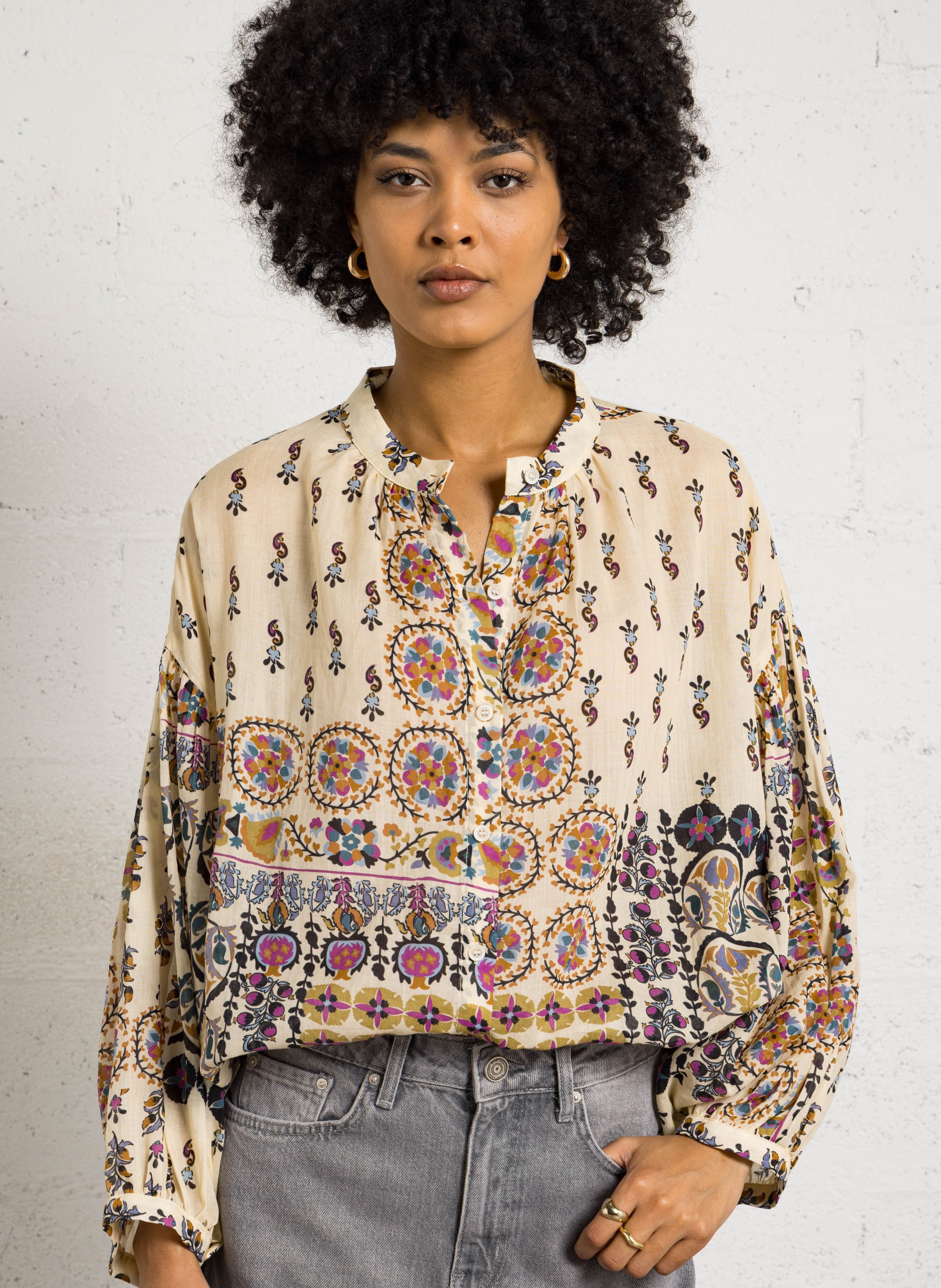 Chemisier col rond imprimé en lin SEE U SOON Blanc