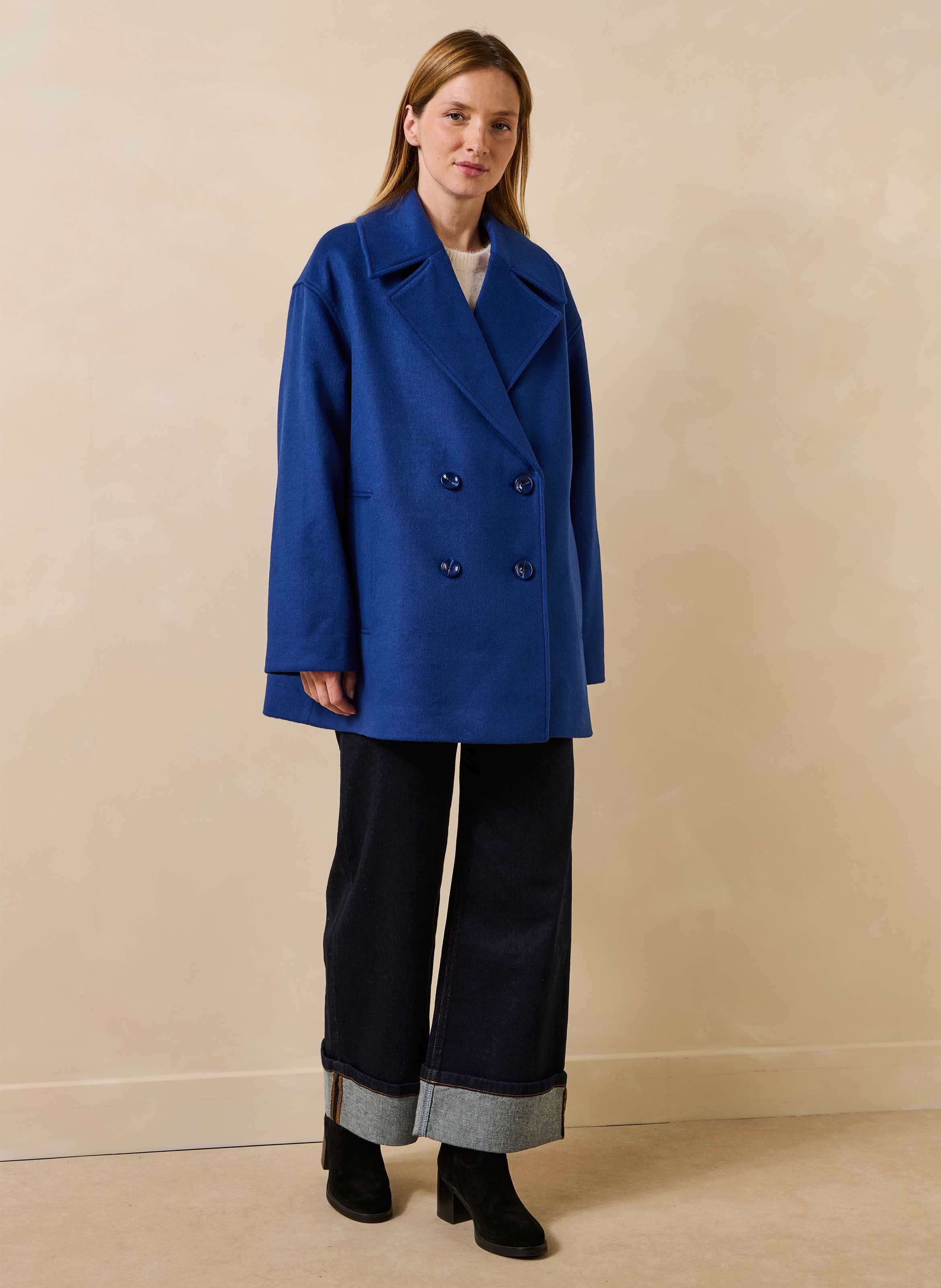 Caban ample uni en laine mélangée LA FEE MARABOUTEE Bleu