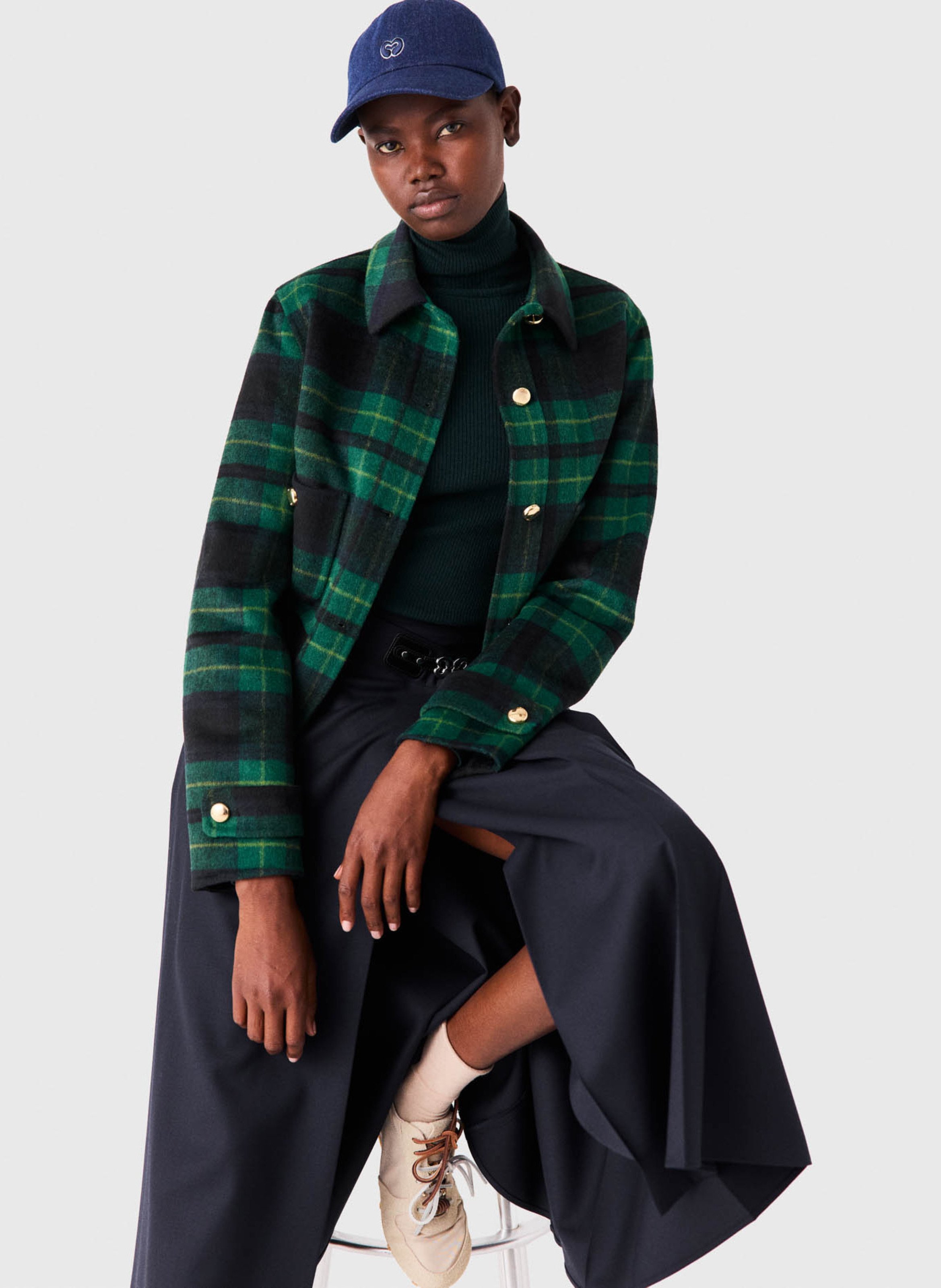 Veste droite col classique à carreaux en laine mélangée MAJE Bleu