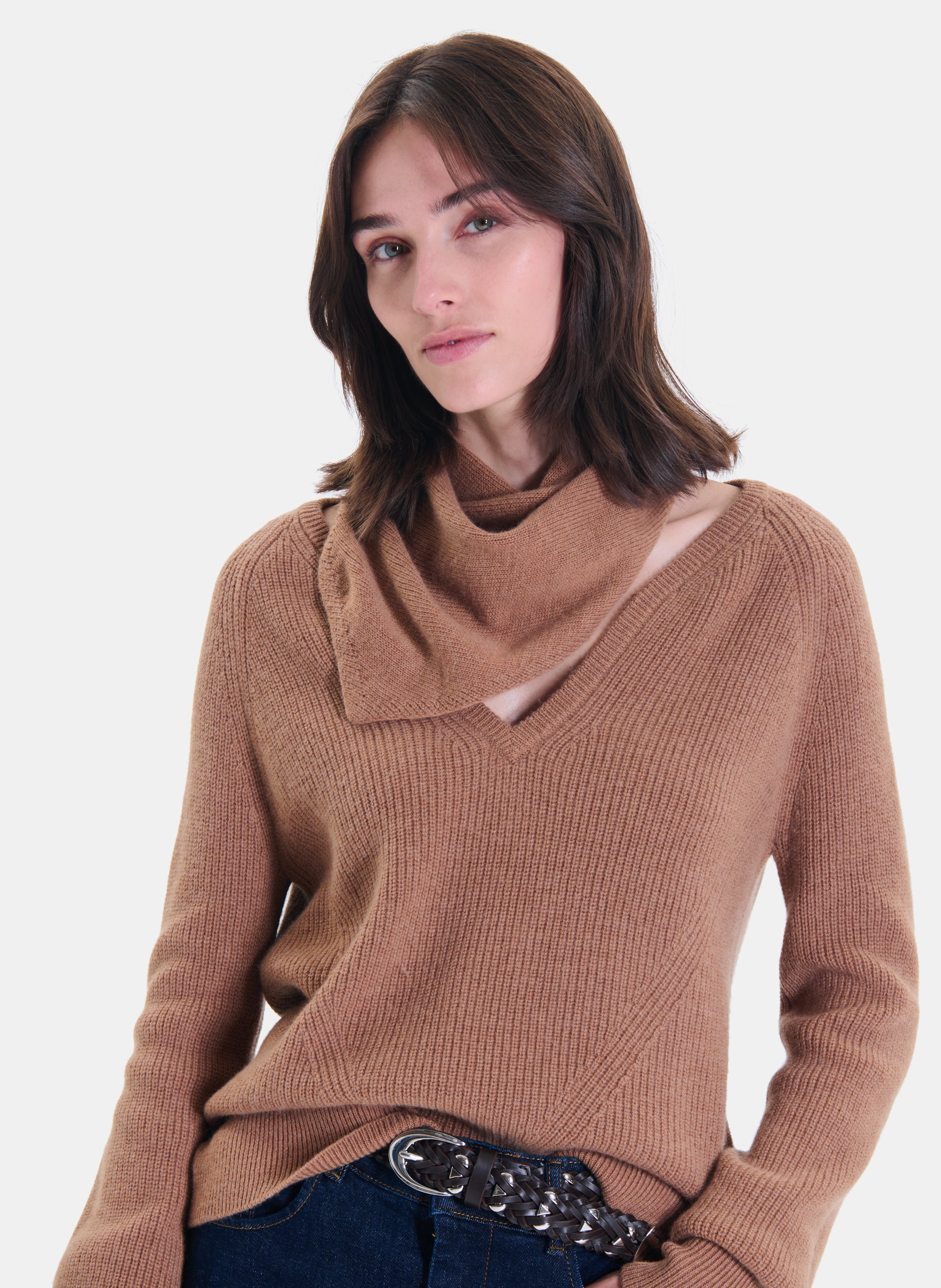 Écharpe triangle unie en laine mérinos | Marron ZAPA Femme