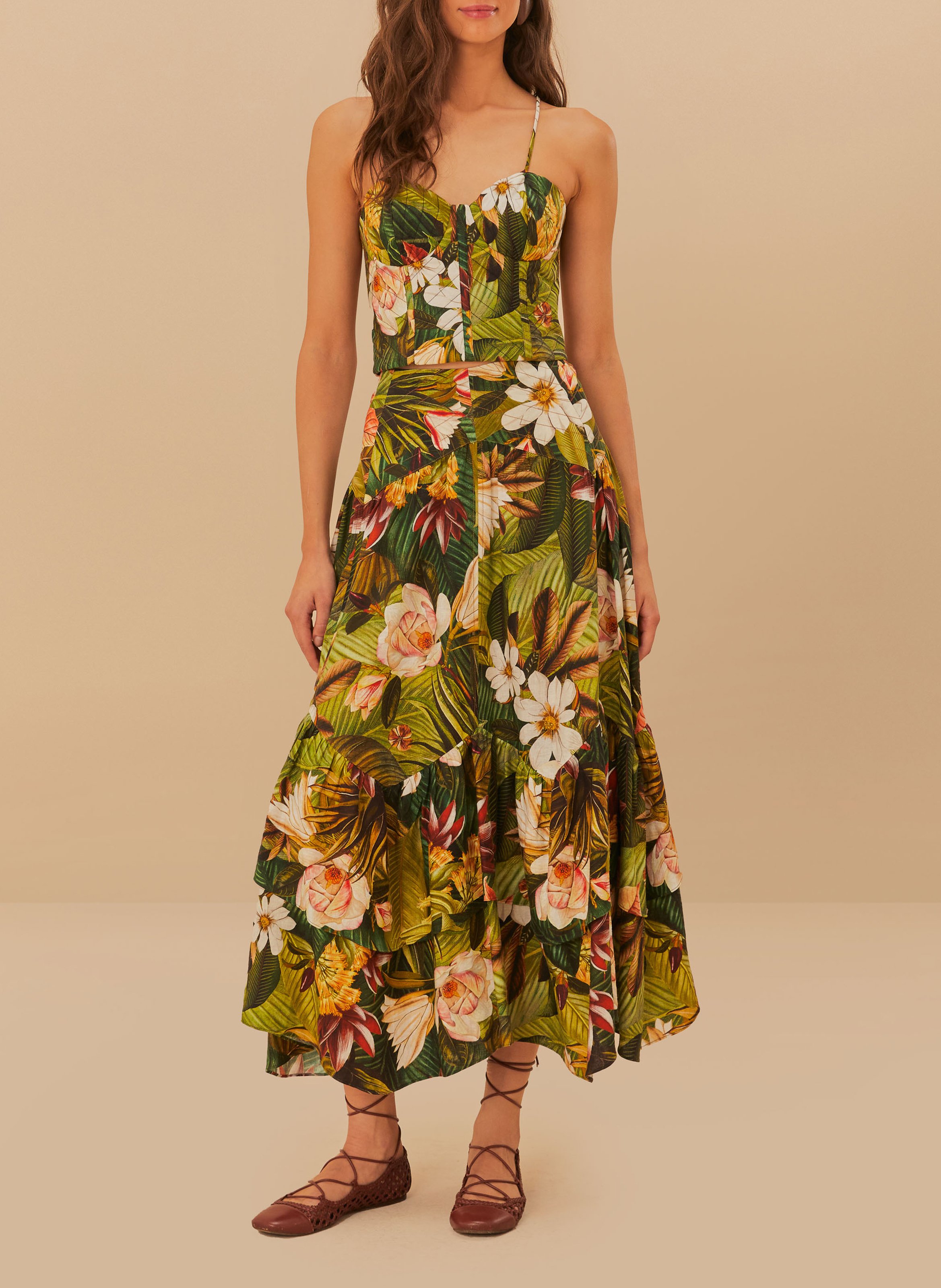 Jupe midi à imprimé végétal en lin mélangé  FARM RIO Multicolore