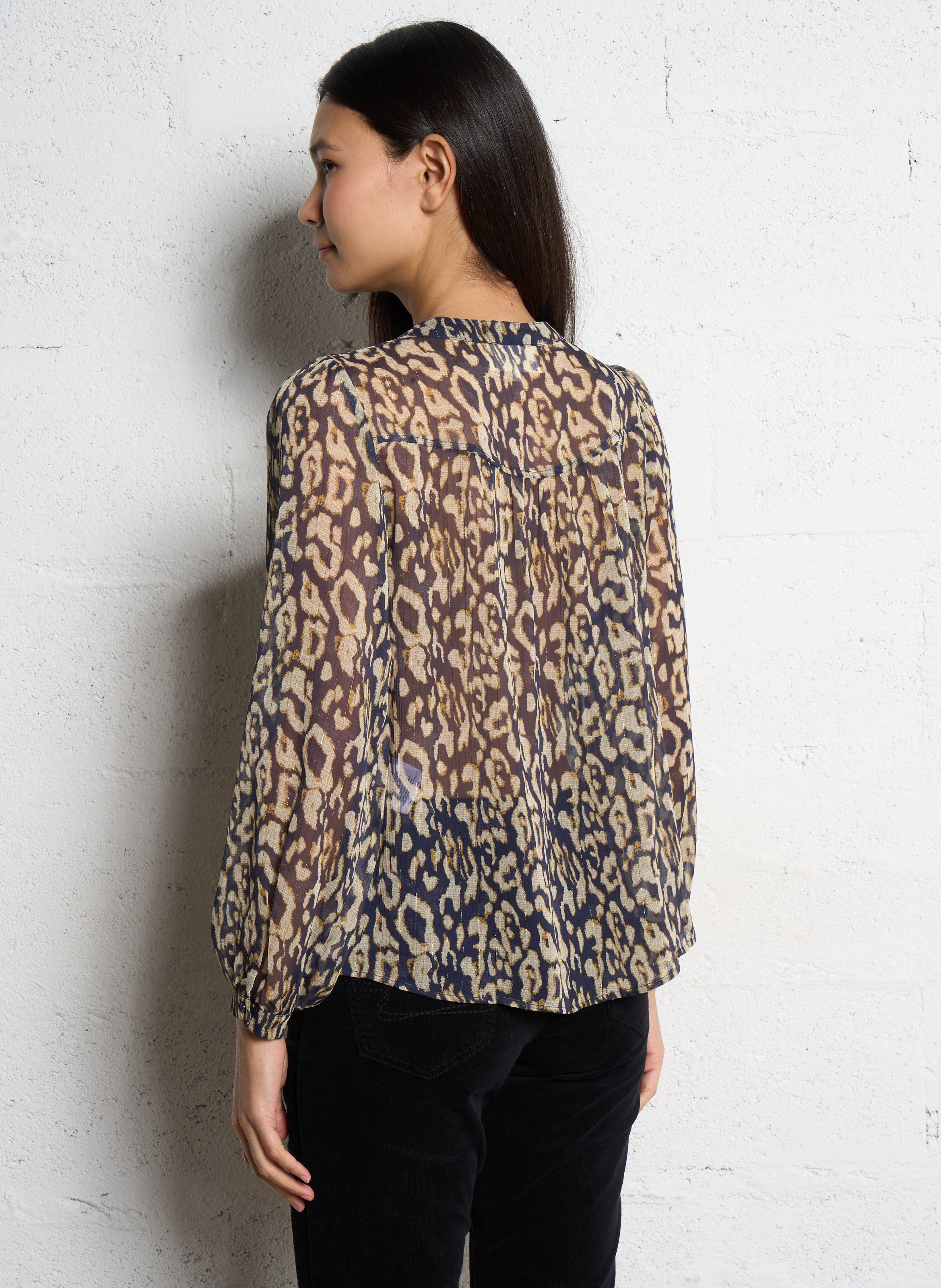 Blouse col tunisien imprimée léopard SUD EXPRESS Bleu