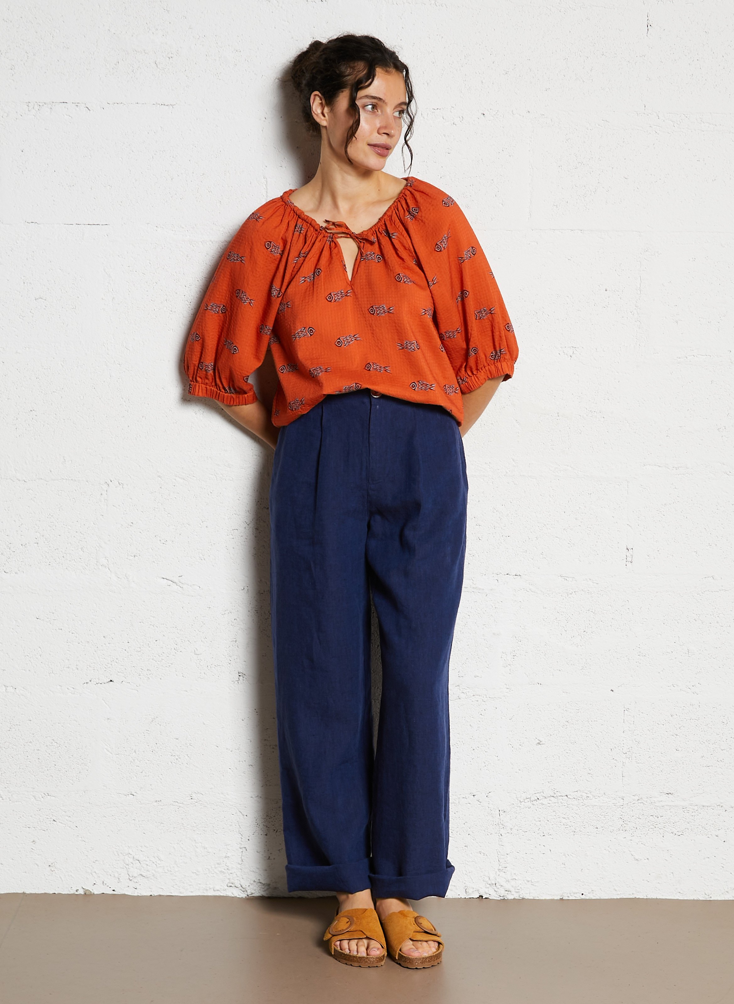 Pantalon large en lin NICE THINGS Bleu