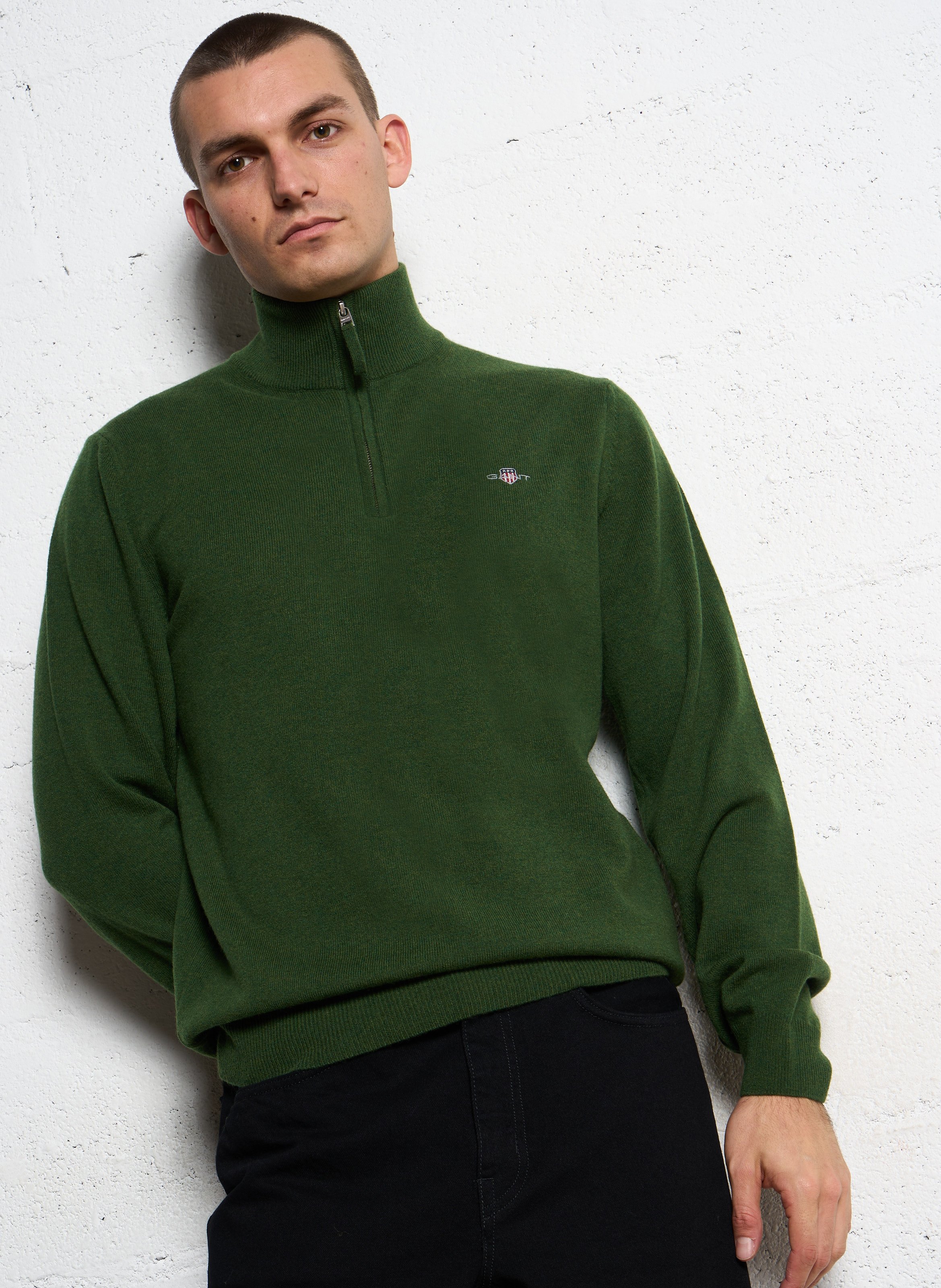 High-neck wool sweater with zip GANT Green