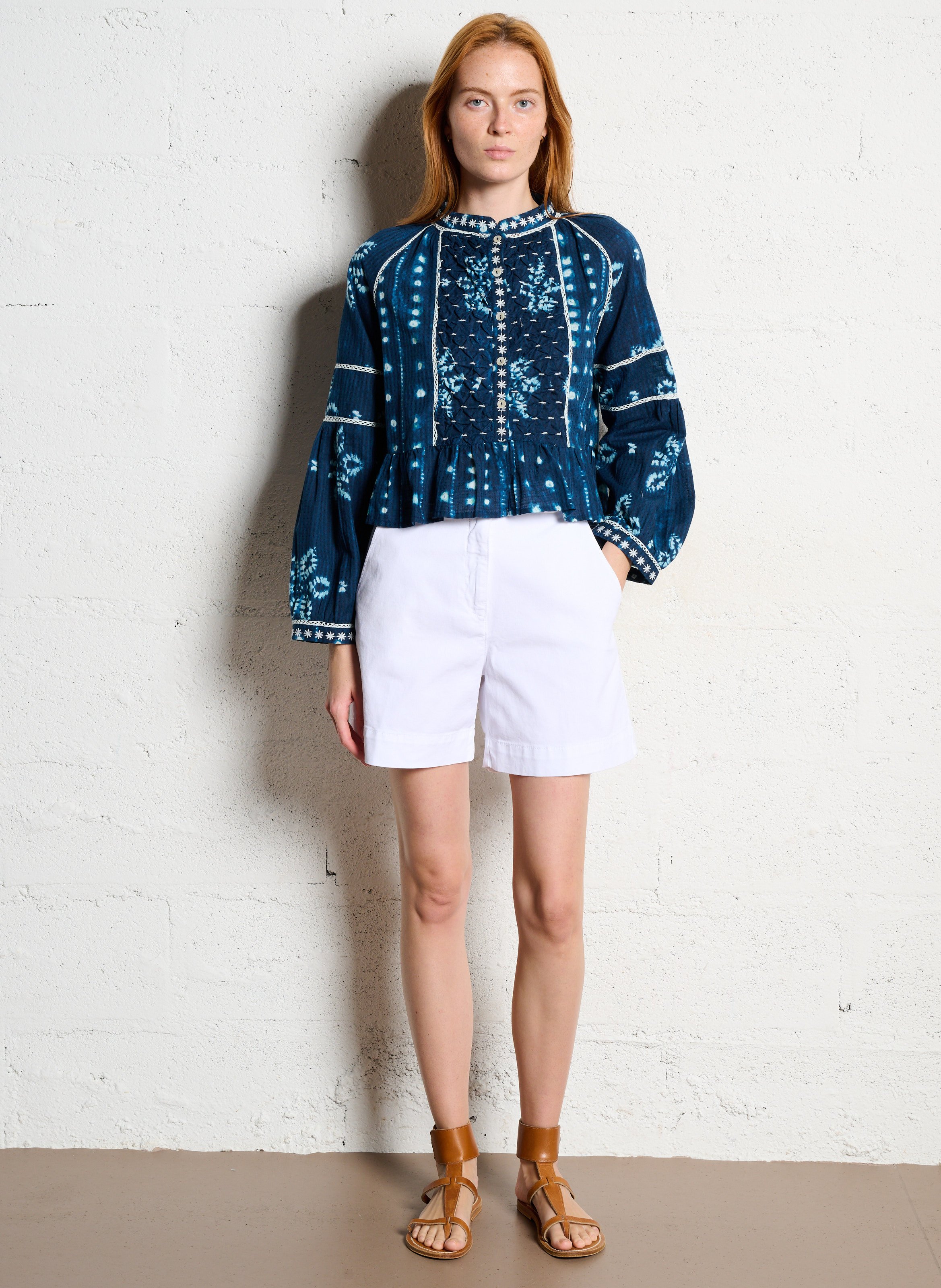 Wide-leg cotton-blend shorts White