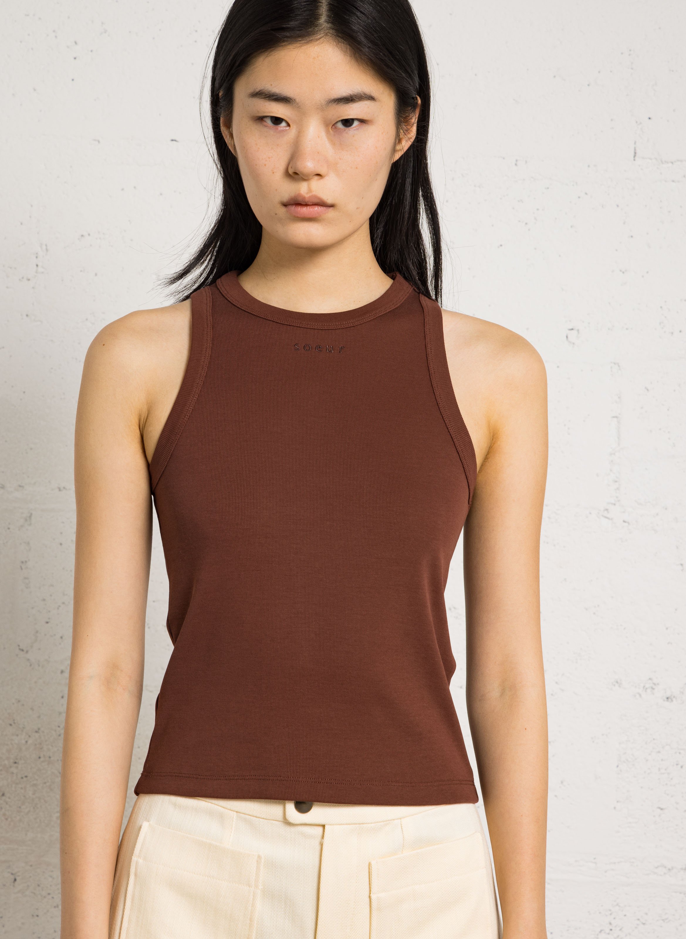 Straight tank top in recycled cotton SOEUR Brown