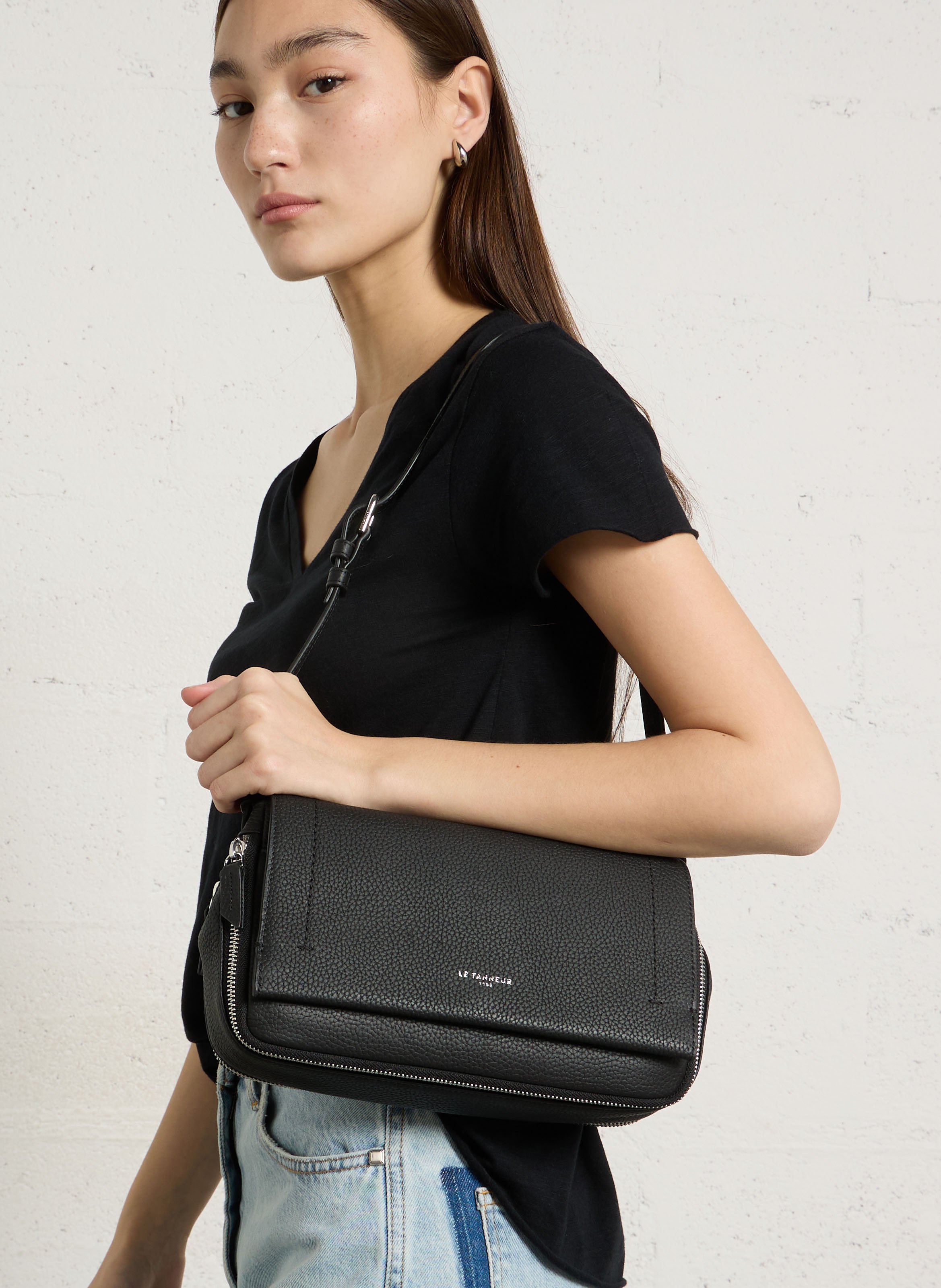 Leren schoudertas Zwart