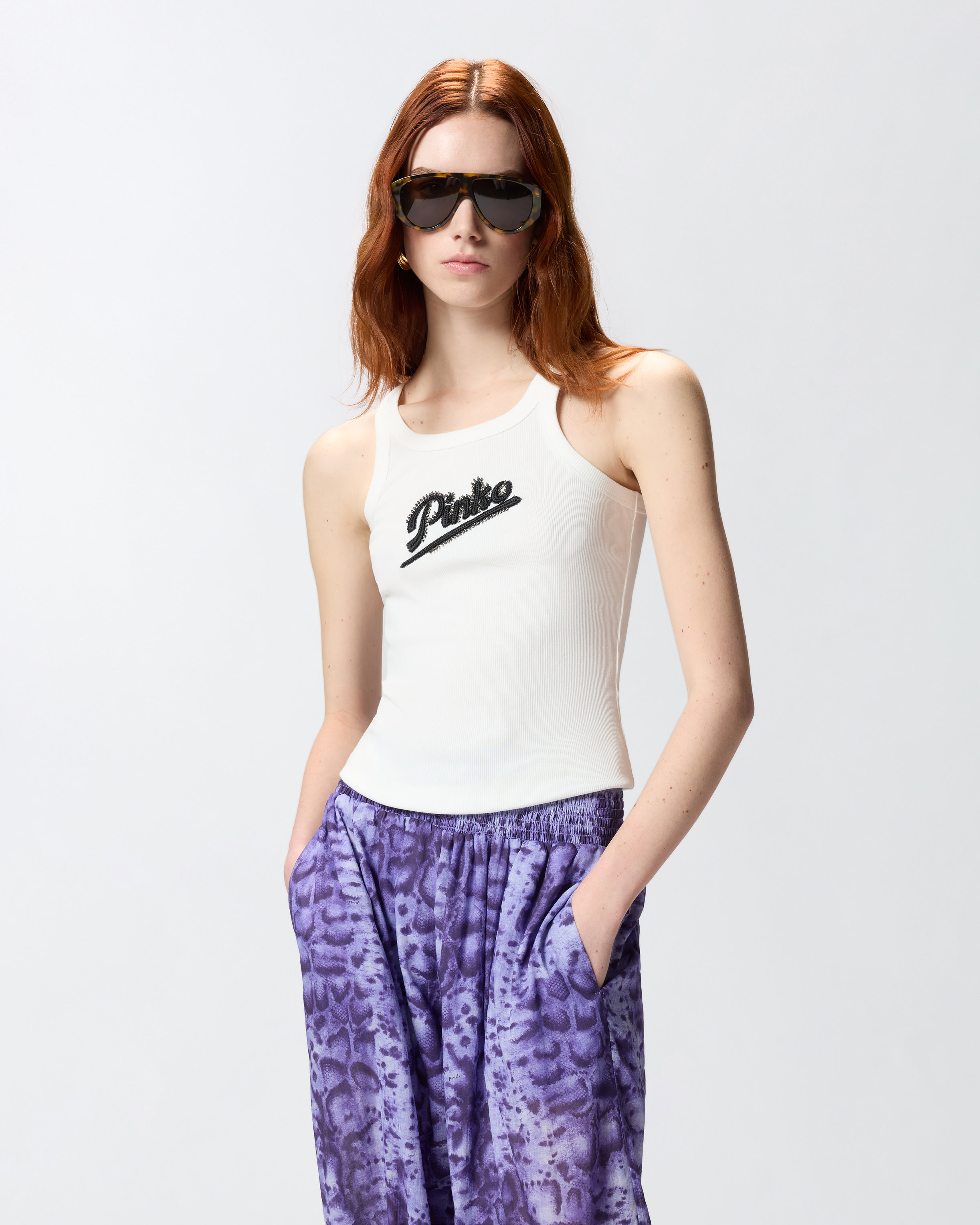 Tank top with Pinko embroidery and rhinestones PINKO White