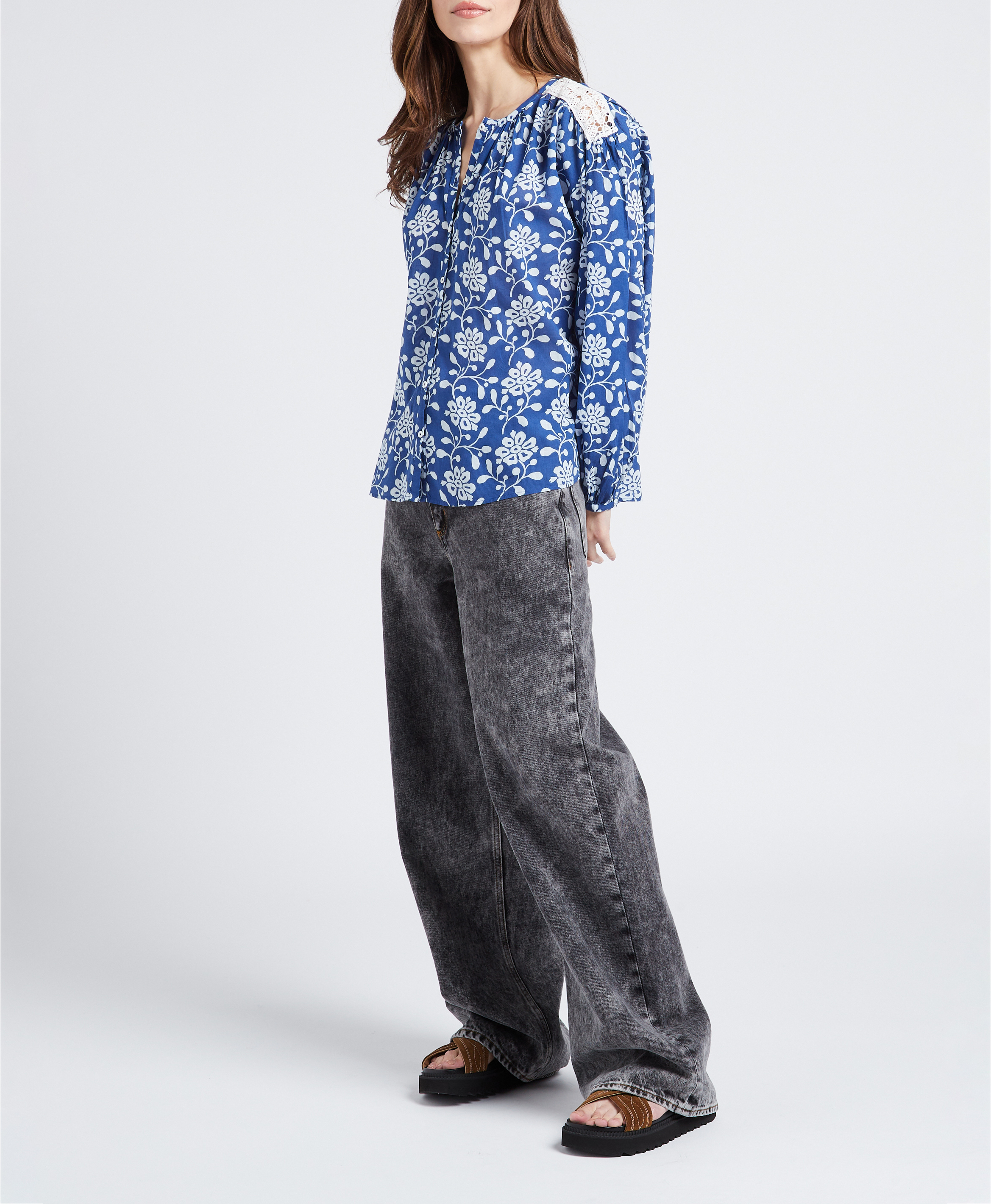 Chemise droite col rond en coton imprimé SWILDENS Bleu