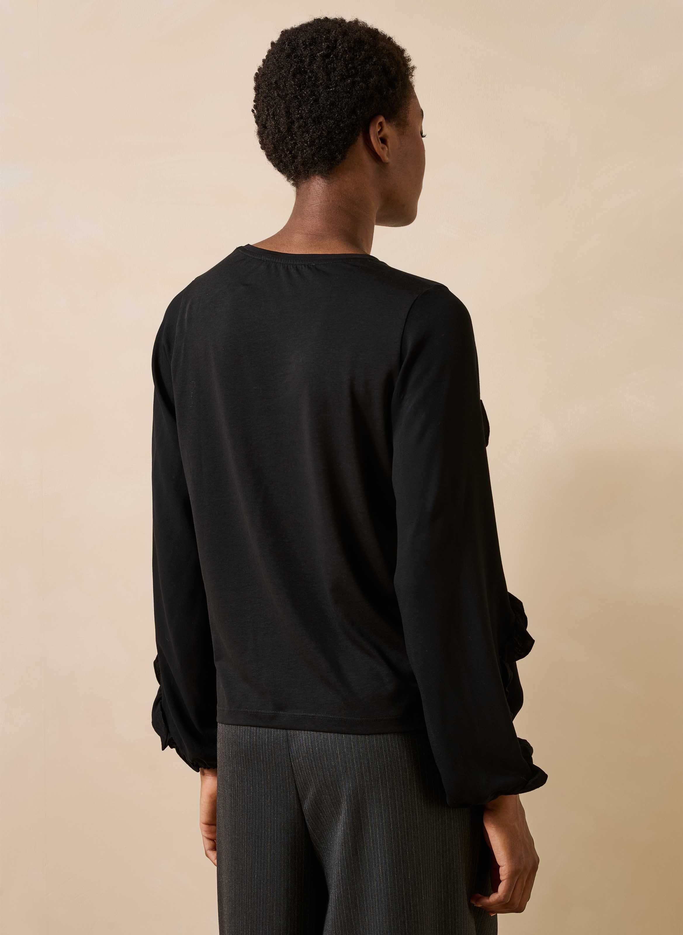 Round neck top with ruffles in two materials LA FEE MARABOUTEE Black