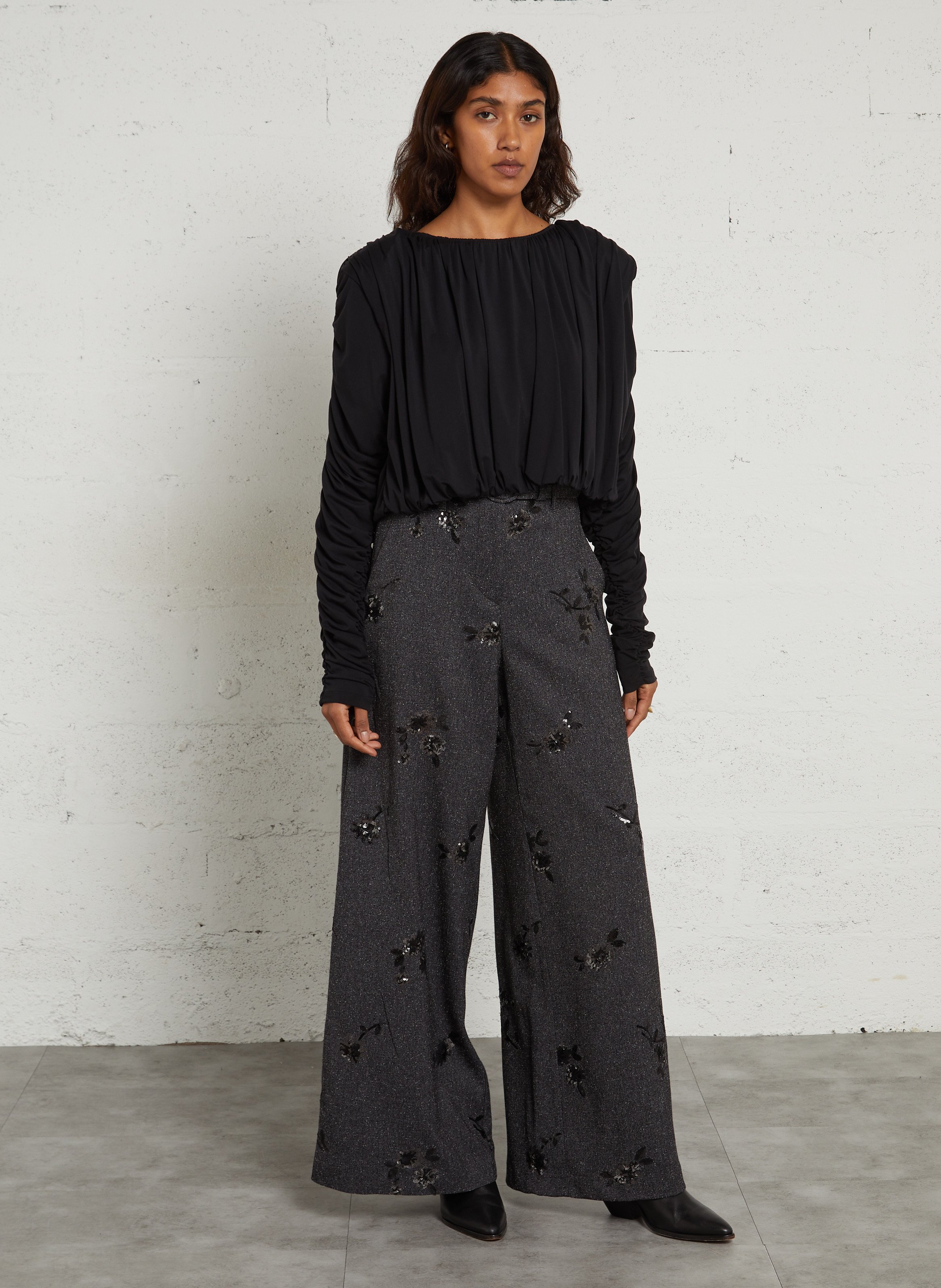 Top droit col rond plissé IMPERIAL Noir