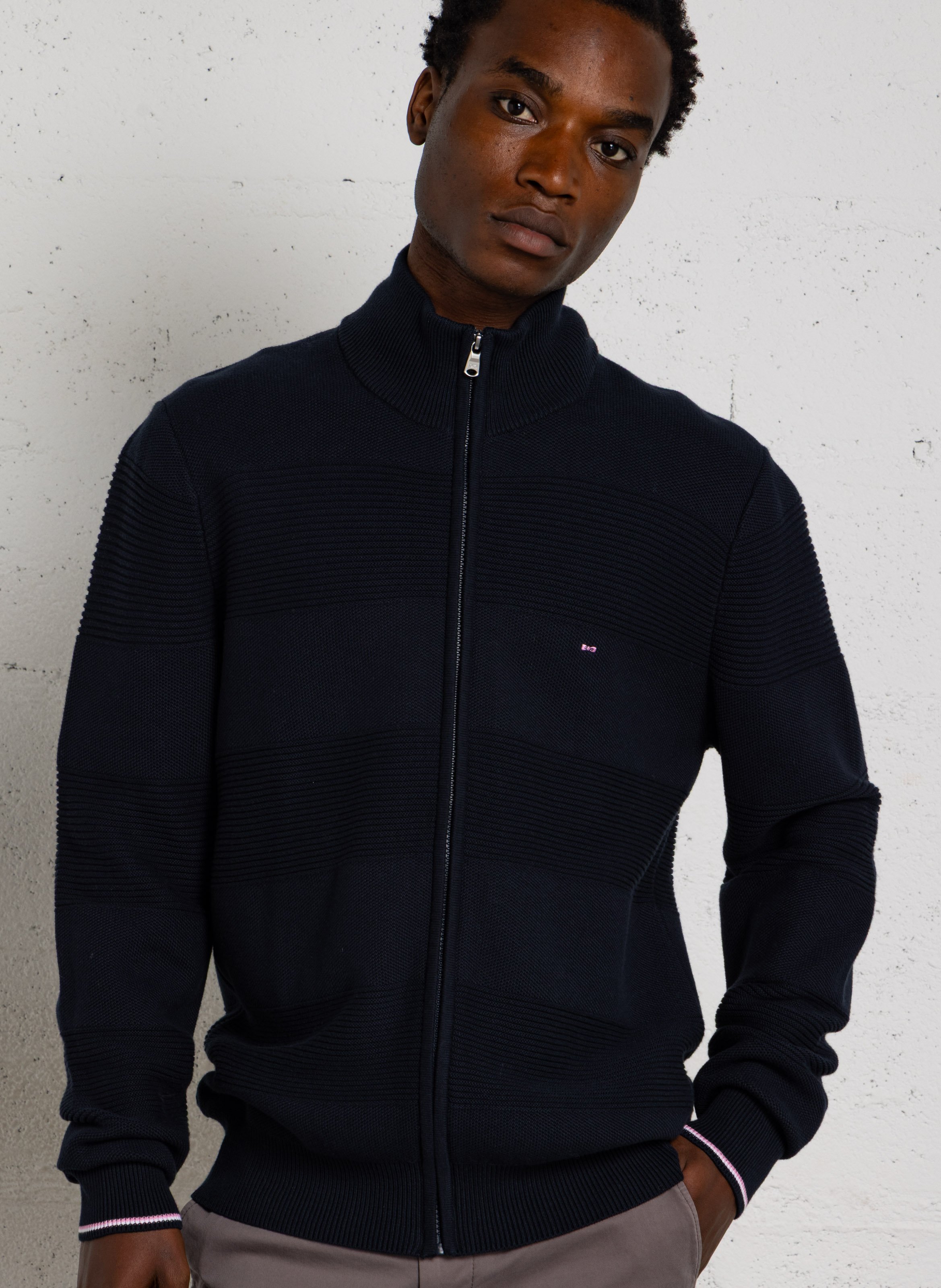 Straight zip-up stand-collar cardigan in a cotton blend EDEN PARK Blue
