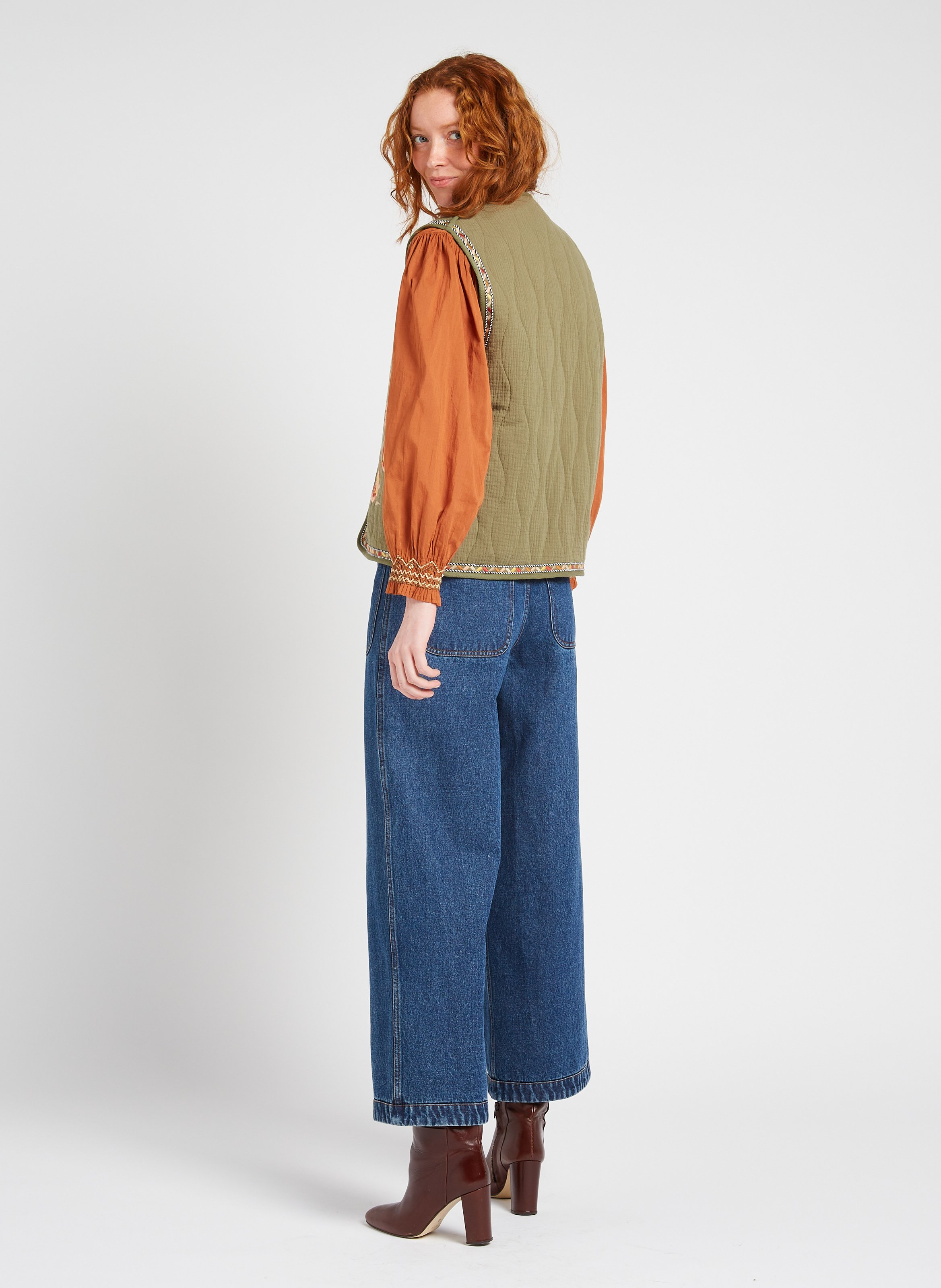 Veste col V brodée en coton LOUISE MISHA Kaki