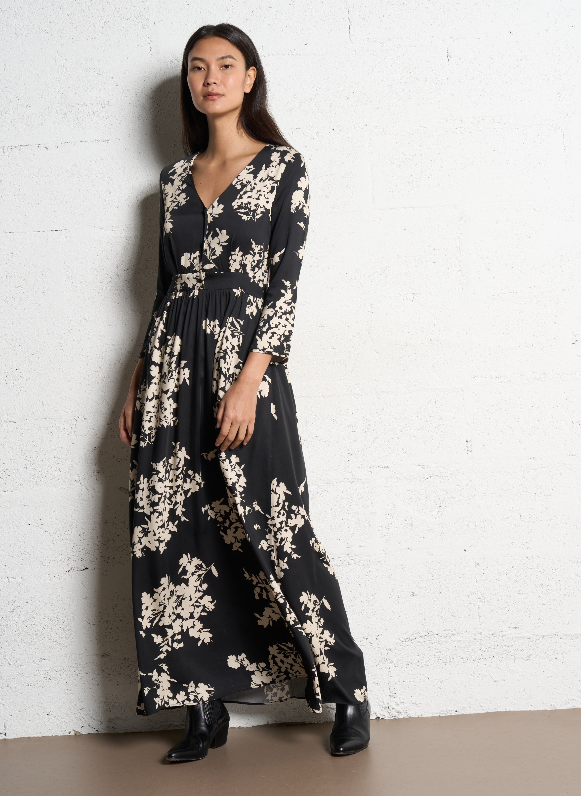 Robe longue col V imprimée ONE STEP Noir